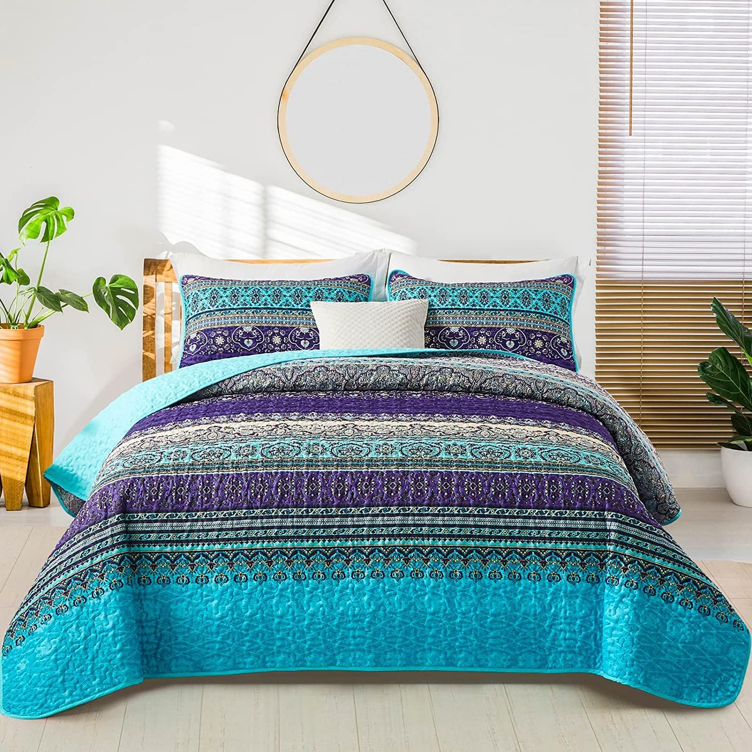 WONGS BEDDING Juego de edredón bohemio, edredón estampado de rayas bohemias azules y moradas, colcha de microfibra ligera para decoración de cama