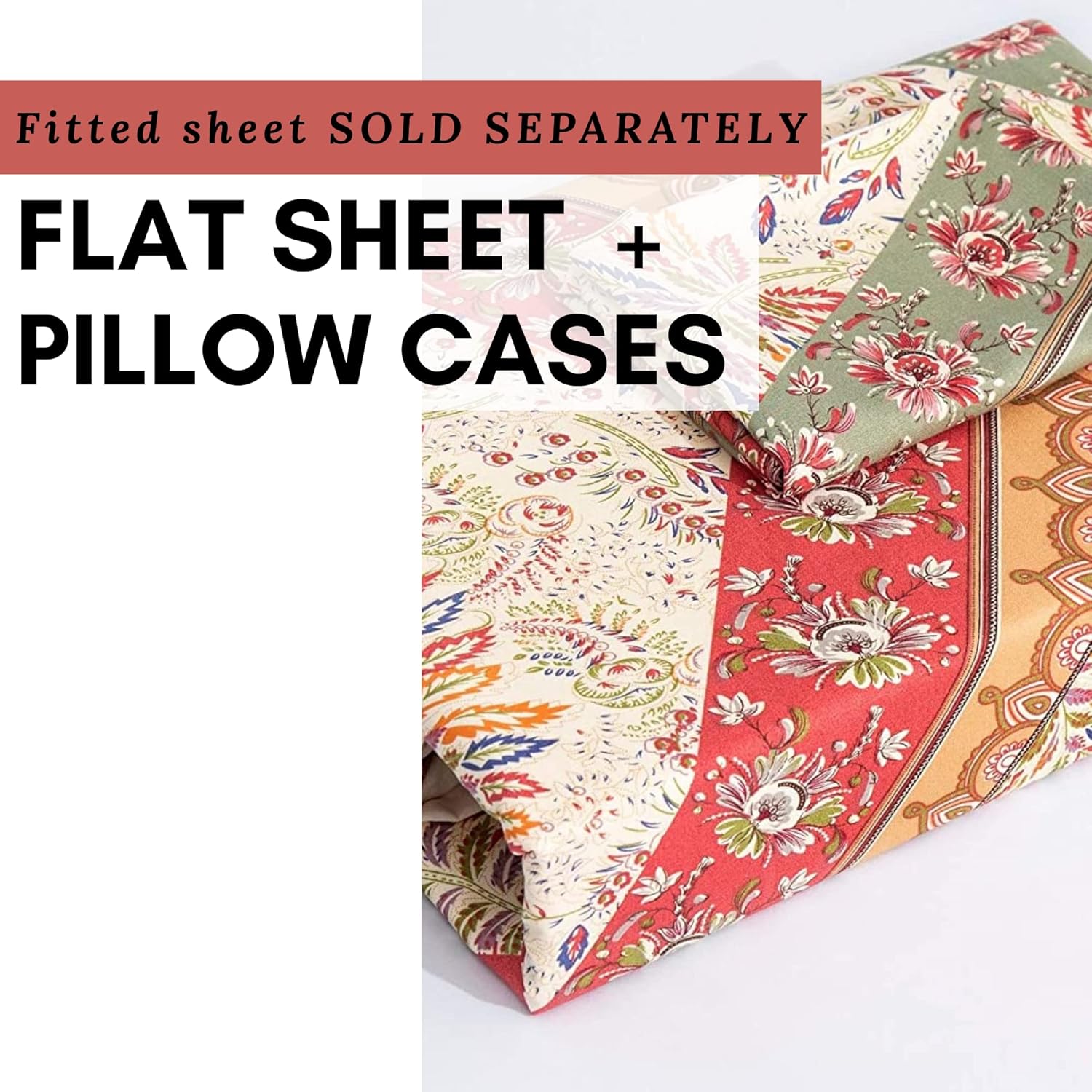 DaDalogy Bedding – Sábana encimera botánica floral solo con 2 fundas de almohada, patrón de filigrana de cachemira cheurón bohemio, colorido,
