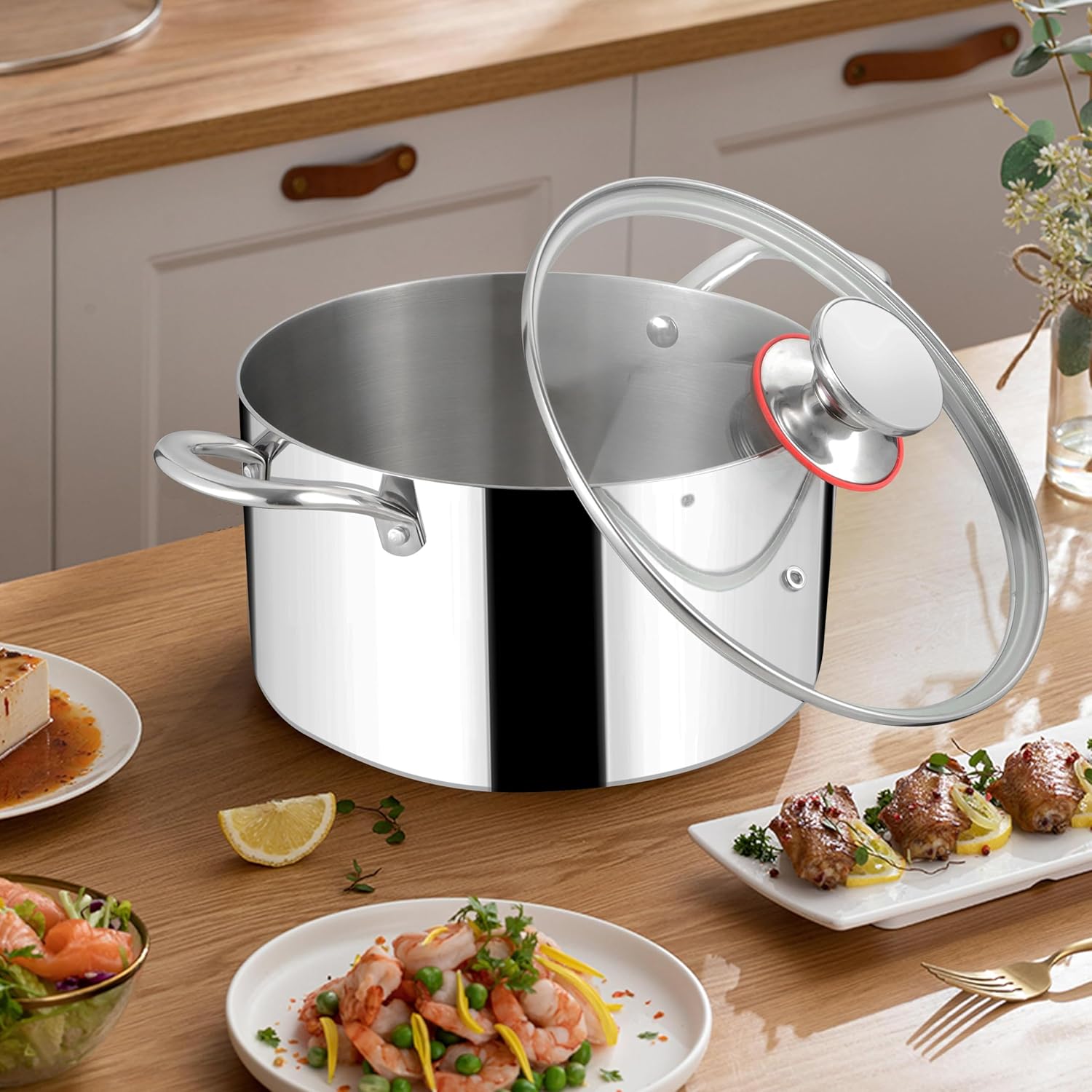 Herogo Olla de 8 cuartos de galón, olla de cocina de acero inoxidable 1810 con tapa, olla de pasta de 8 cuartos con asas, olla de tres capas para