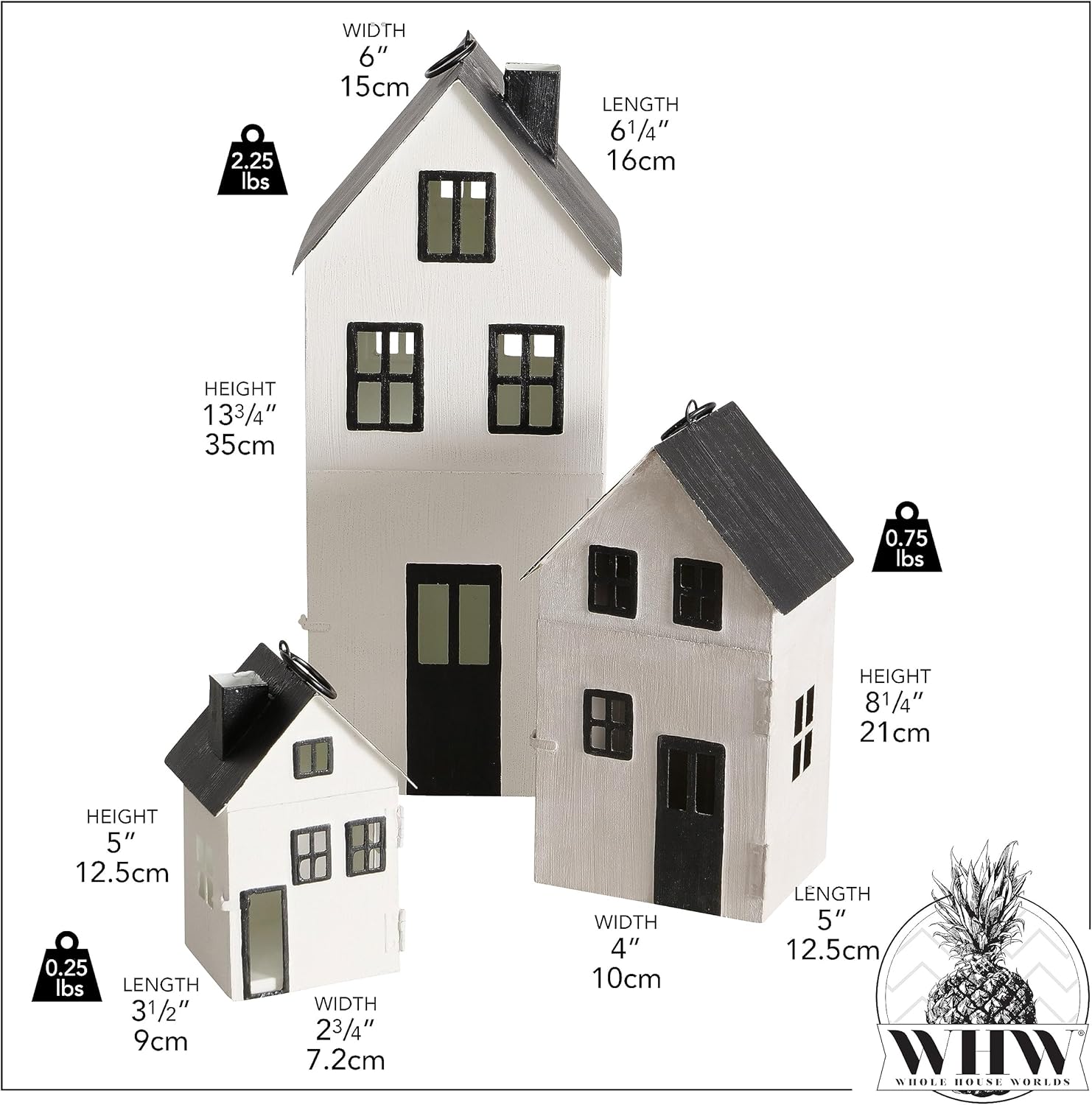 Main Street Town House – Juego de 3 faroles para velas, estilo vintage, techos negros rústicos, paredes blancas, metal, 13.75, 8.25 y 5 pulgadas de