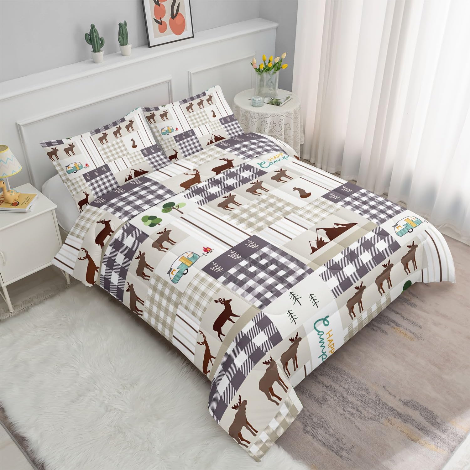 Datura home Happy Camper – Juego de edredón rústico con estampado de ciervos y camper con 1 edredón y 2 fundas de almohada para dormitorio de niños