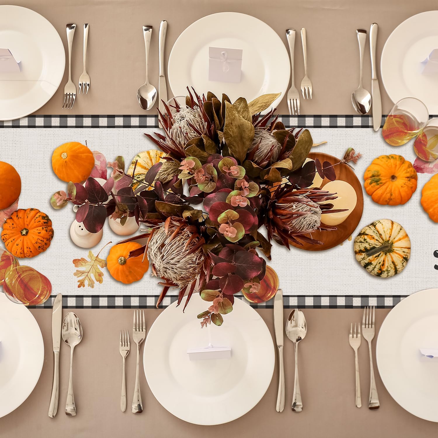 Camino de mesa de otoño, calabaza, acuarela, decoración de otoño, búfalo, cuadros, calabazas de temporada, decoración de otoño para interiores y