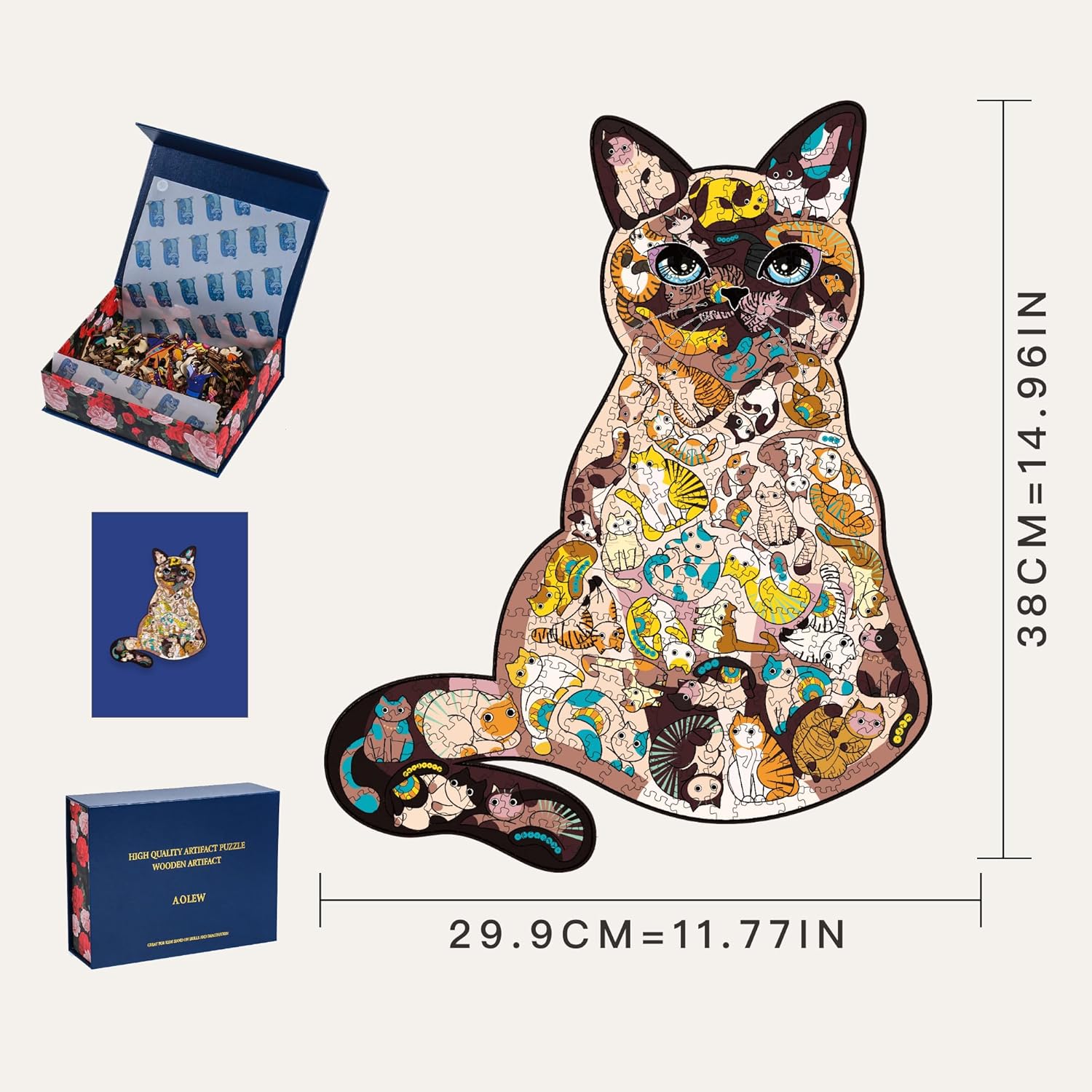 AOLEW Rompecabezas de madera  Precioso gato (300 piezas) paquete de regalo para adultos y niños, rompecabezas únicos con forma de animal,
