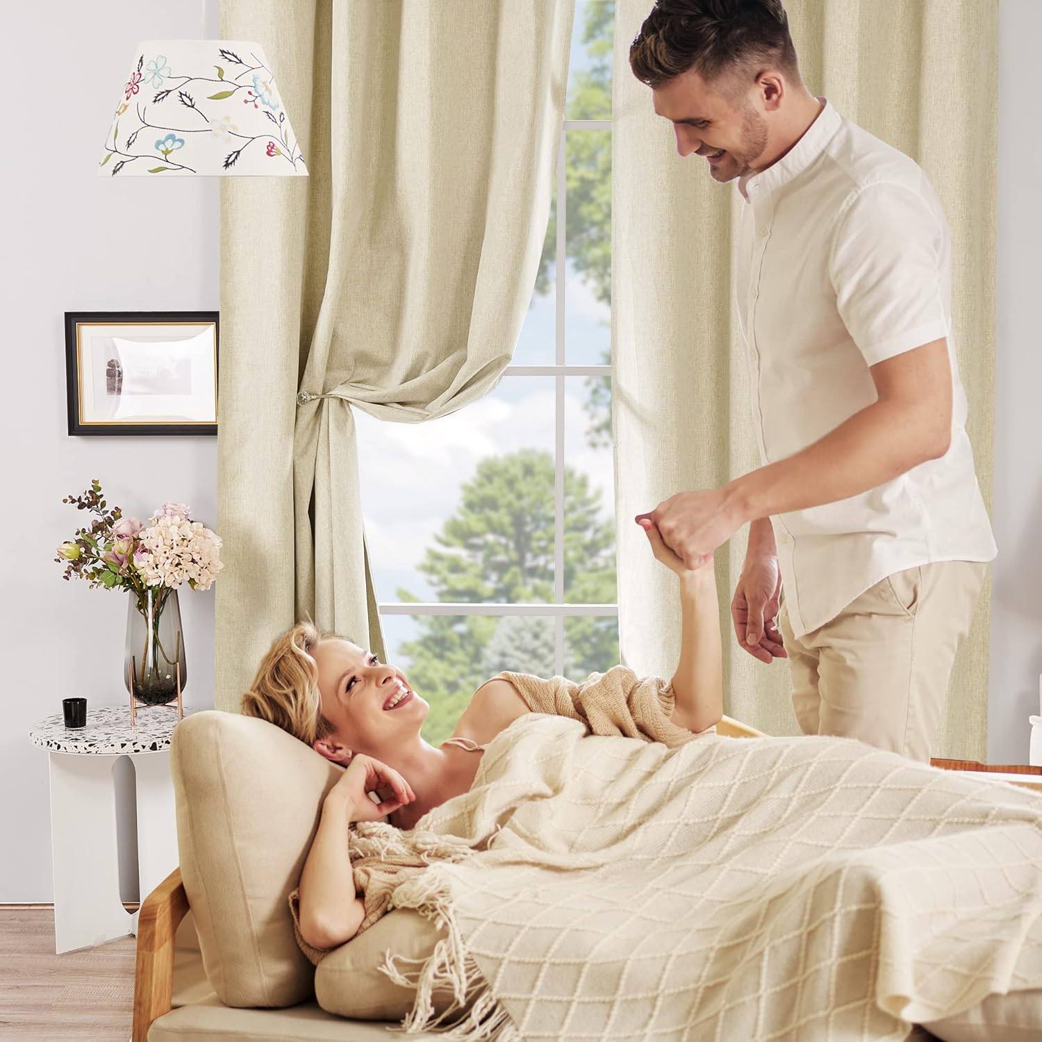 Deconovo Cortinas totalmente opacas, paneles de cortina de lino sintético con ojales, oscurecimiento de habitación, cortinas de ahorro de energía