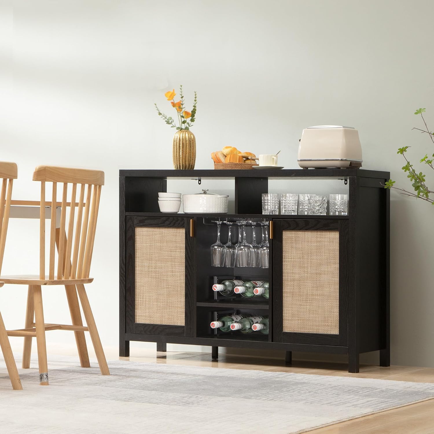 SICOTAS Gabinete de ratán para cafetería, aparador de 51 pulgadas con almacenamiento, armario moderno para licores con estantes para vino, mesa de