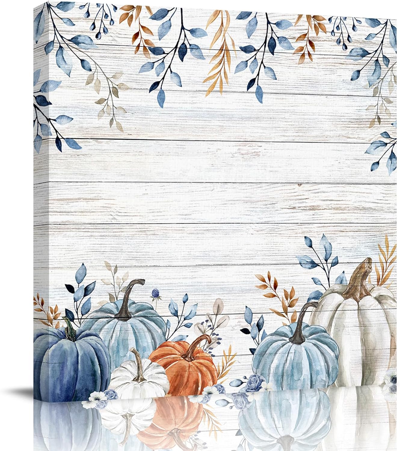 Lienzo decorativo para pared con diseño de calabaza otoñal, diseño de calabazas de color azul, blanco y naranja degradado, grano de madera rústica,