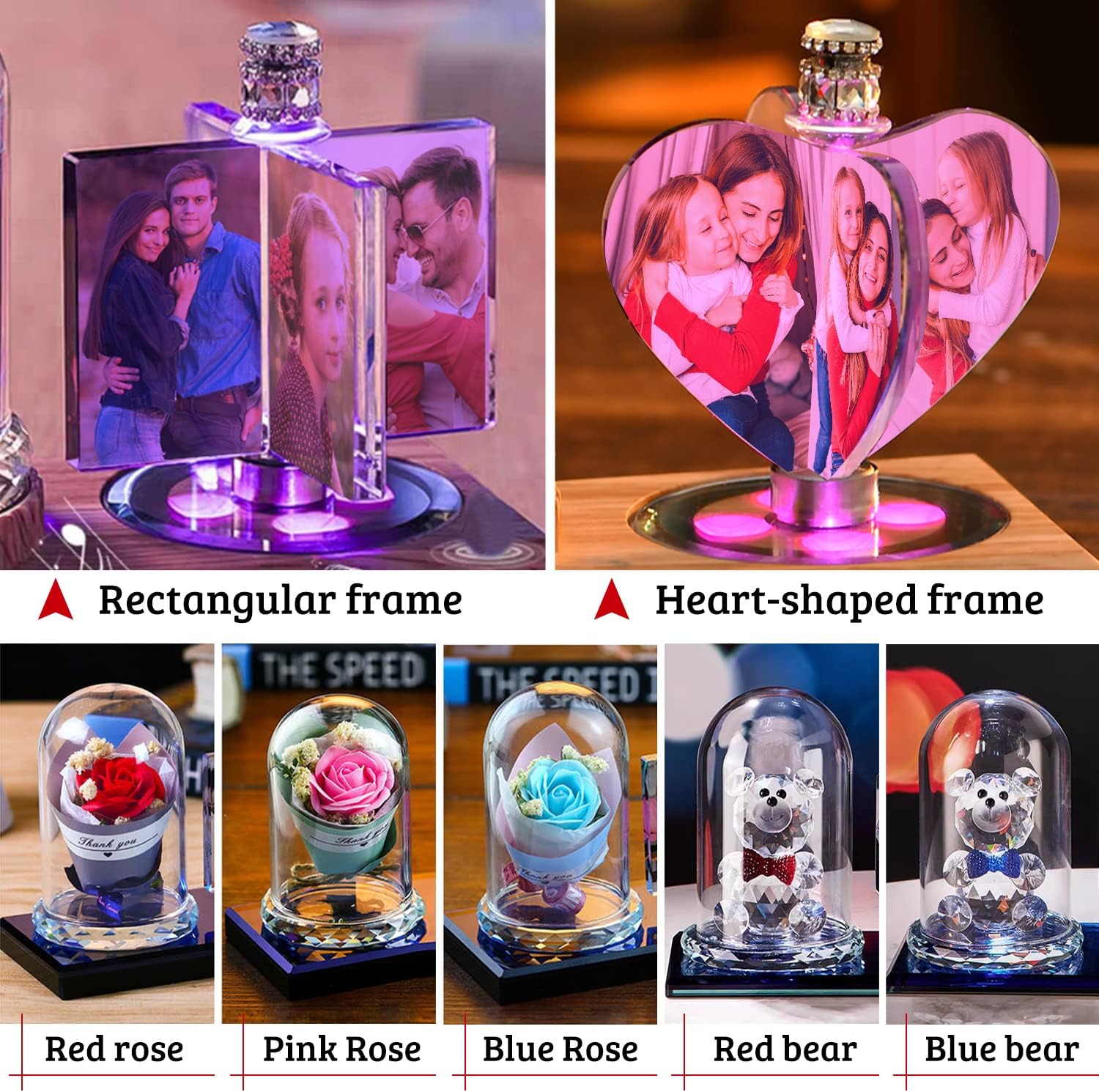 Marco de fotos personalizado en forma de corazón de cristal en forma de corazón de luz de noche de cristal Familia Bebé Madre Amante Daddy Day