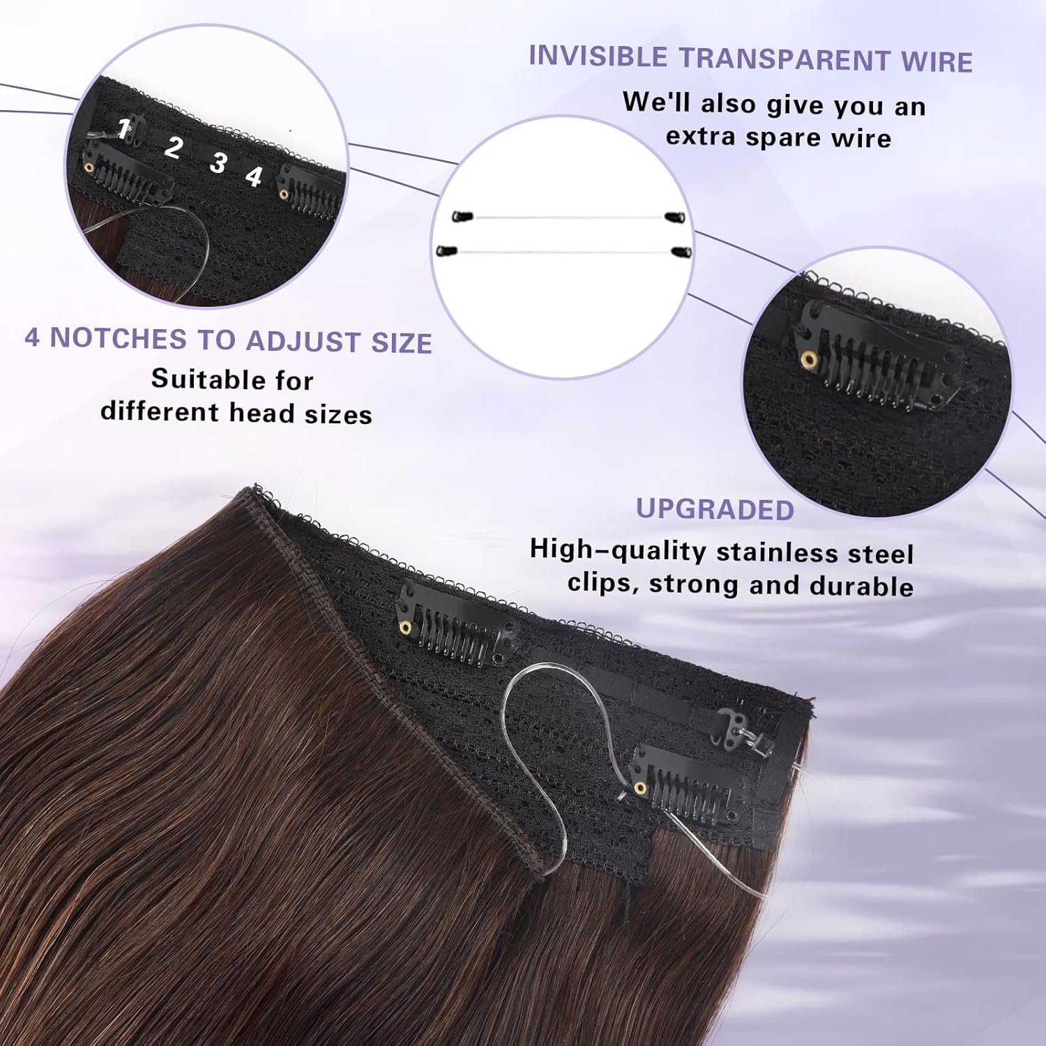 Extensiones de cabello humano real con halo de alambre invisible con alambre transparente, tamaño ajustable, clips de seguridad extraíbles en la