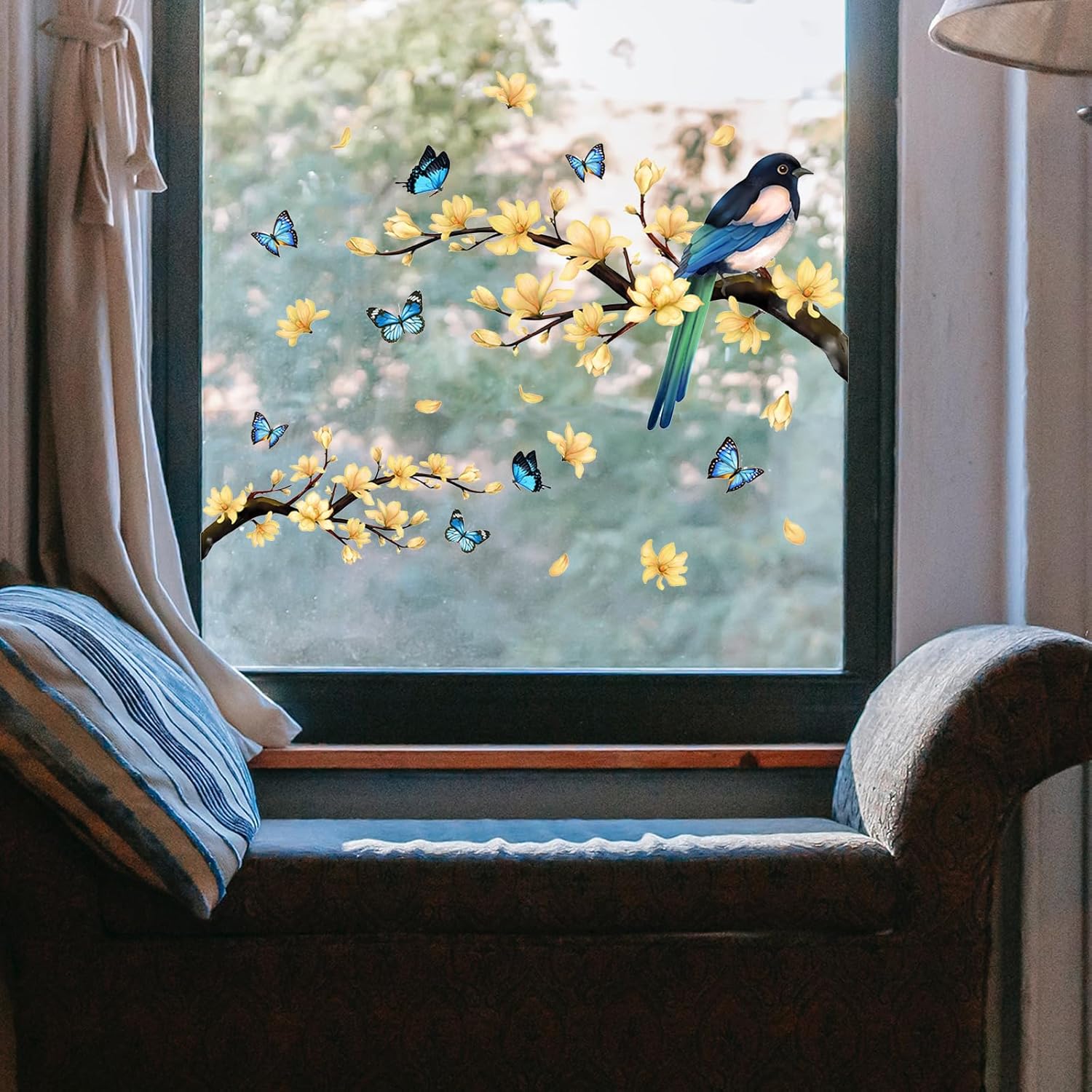 Adhesivos para ventana de flores, pájaros, mariposas, ventanas, primavera, verano, bricolaje, ramas de árboles, calcomanías de doble cara,