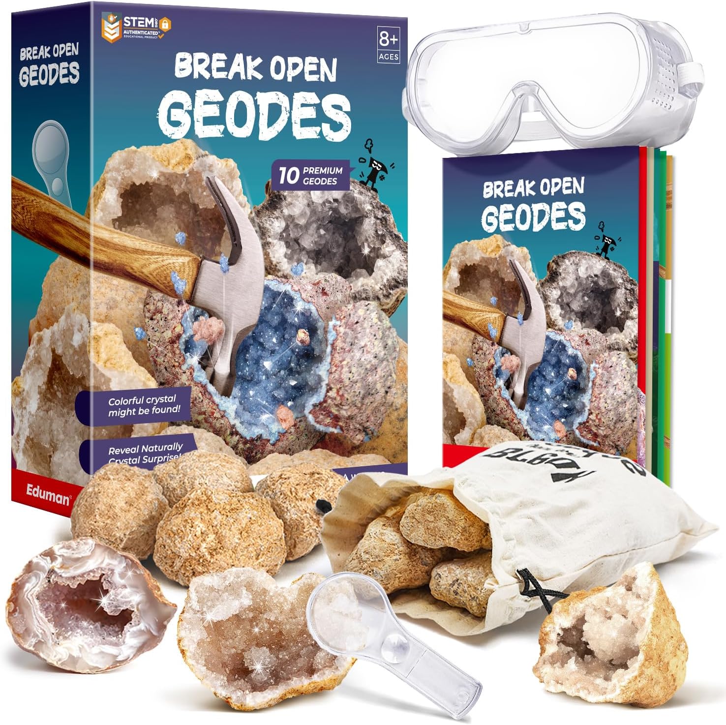 Geodas con cristales Break Open Kit de 10 geodas premium  Kit de ciencia de cristales de geología  Juguetes educativos de cristal STEM regalos para