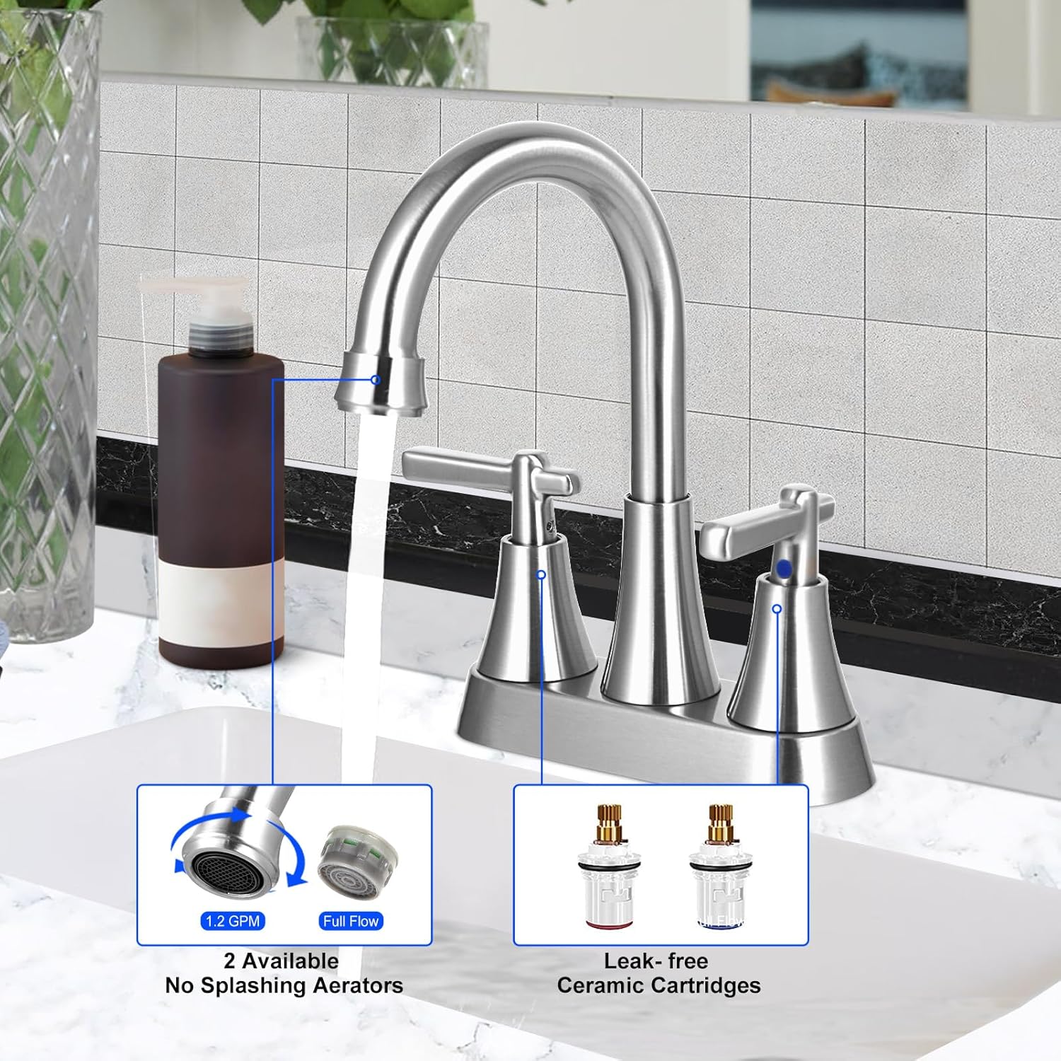 Grifo de baño, grifo de lavabo de baño de 3 agujeros de 4 pulgadas, juego central de acero inoxidable sin plomo, 2 asas, con drenaje desplegable y 2