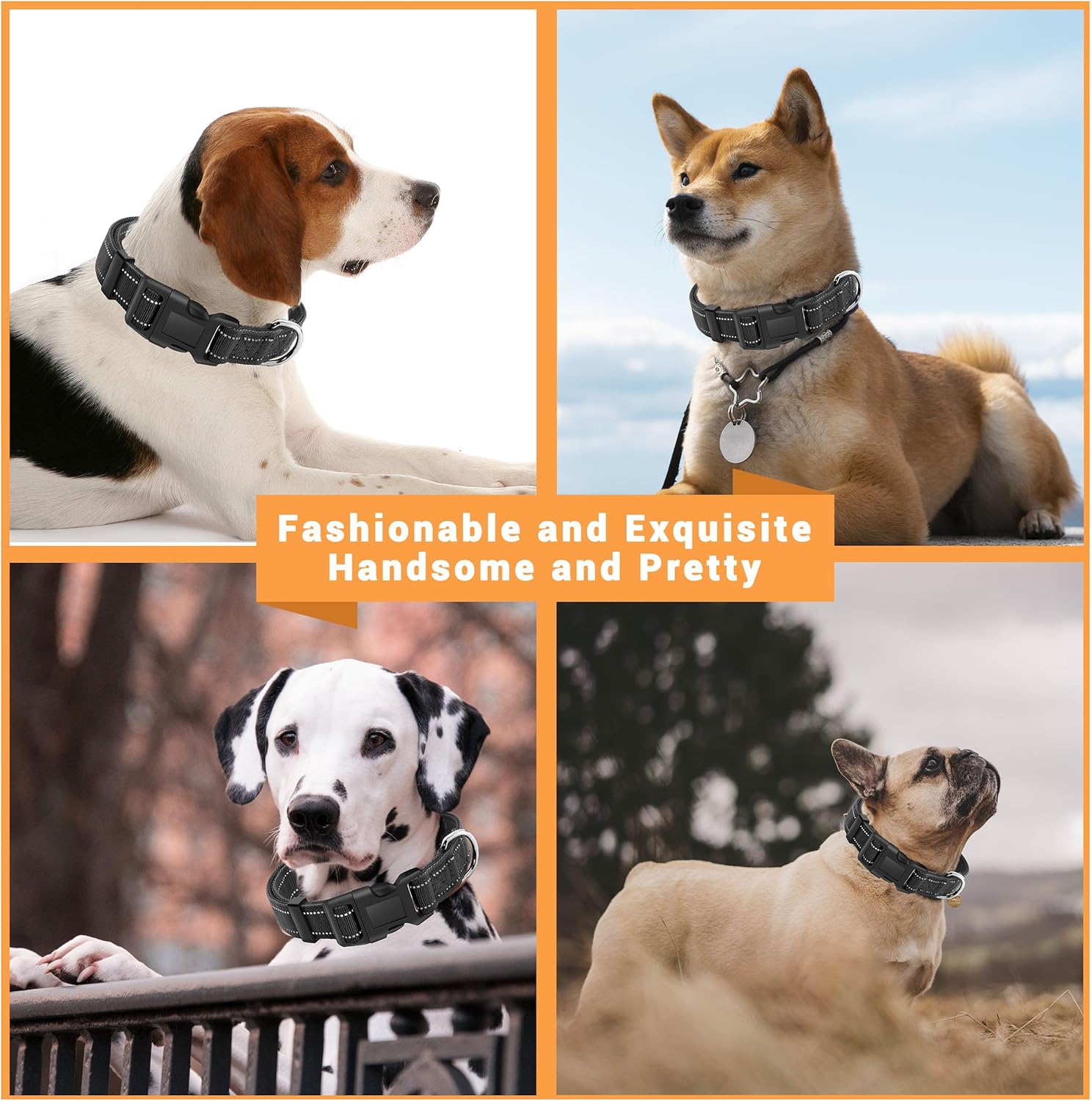 LIEVUIKEN Paquete de 2 collares reflectantes para perro con hebilla de bloqueo de seguridad, ajustable, suave, transpirable, cómodo, de nailon, para