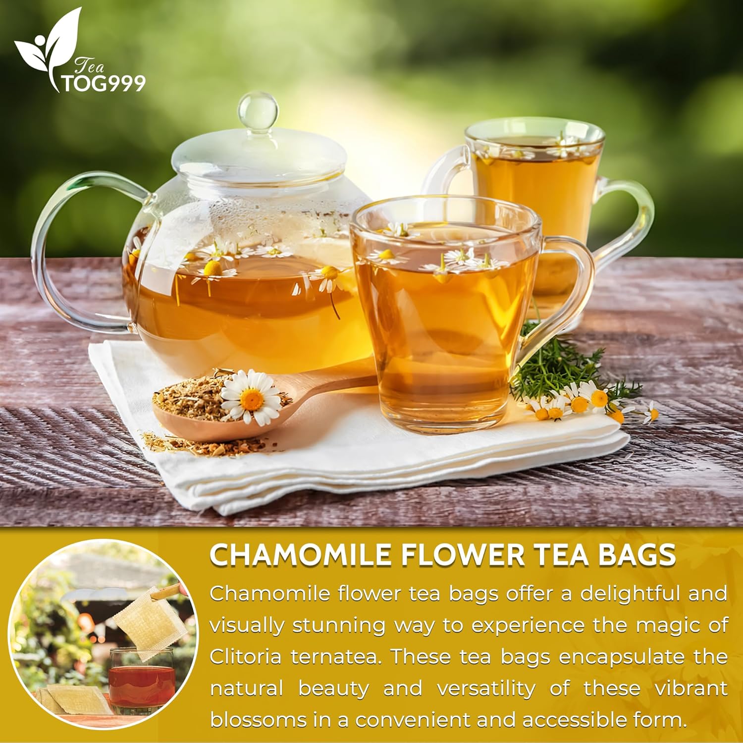 120 bolsas de té de flores de manzanilla natural, de té de hierbas de flores de manzanilla natural. Sin azúcar, sin cafeína, sin gluten, vegano.