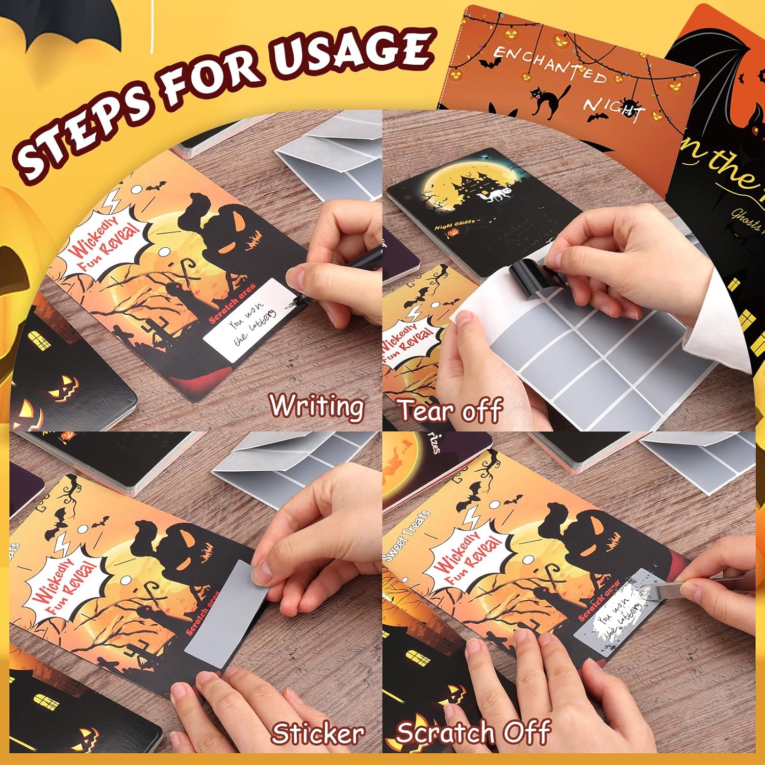 18 tarjetas rascadoras para niños y adultos, 3 divertidos diseños de Halloween, tarjetas de lotería de actividades de calabaza, fantasma y monstruo,