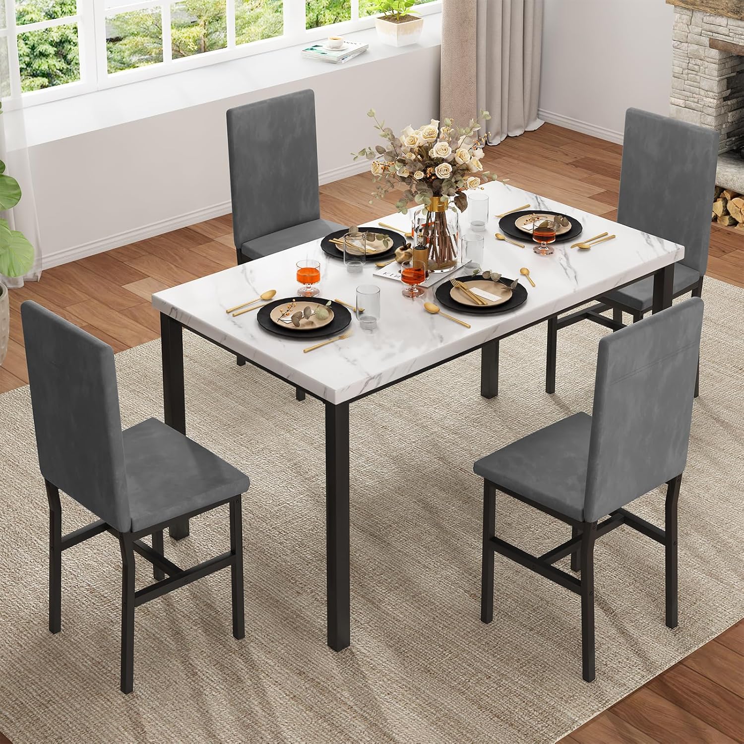 Hooseng Juego de 4 mesas de comedor para 4, juego de 4 mesas y sillas de cocina modernas, juego de mesa de comedor de 5 piezas que ahorran espacio