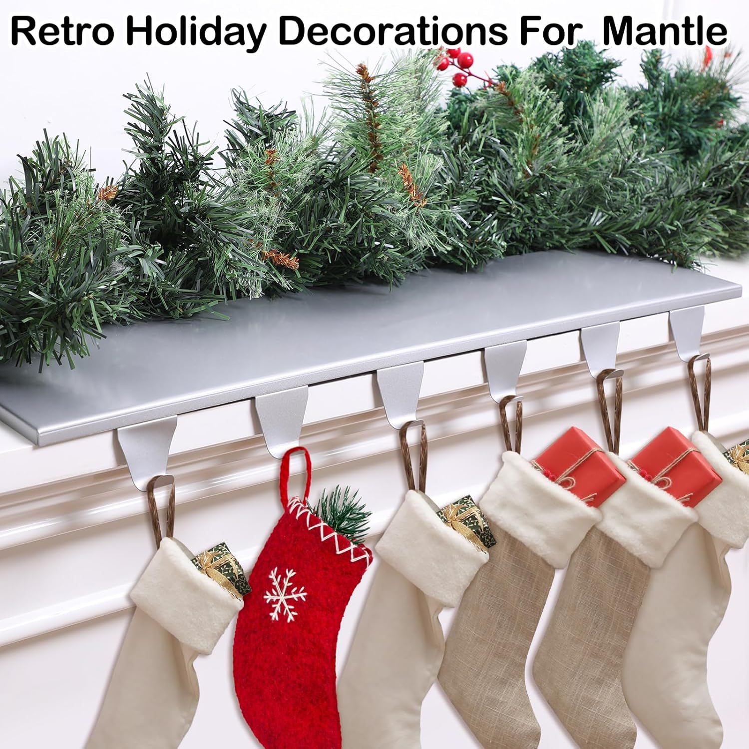 Soporte para calcetines de Navidad con 6 ganchos, ganchos de metal para colgar con almohadillas protectoras, mantel resistente para chimenea,