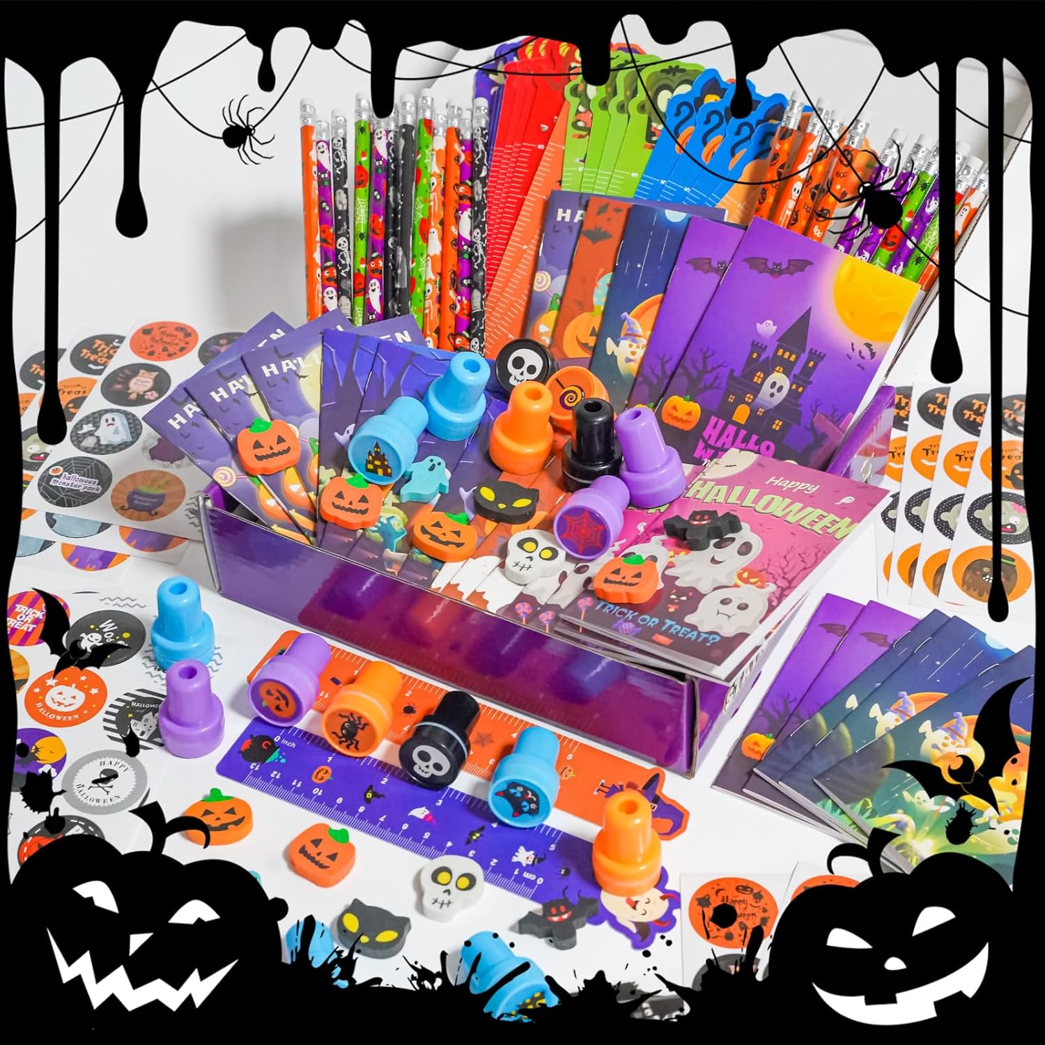 Juego de regalo de papelería de Halloween de 168 piezas, temática de Halloween para recuerdos de fiesta y premios, relleno de bolsas de golosinas de