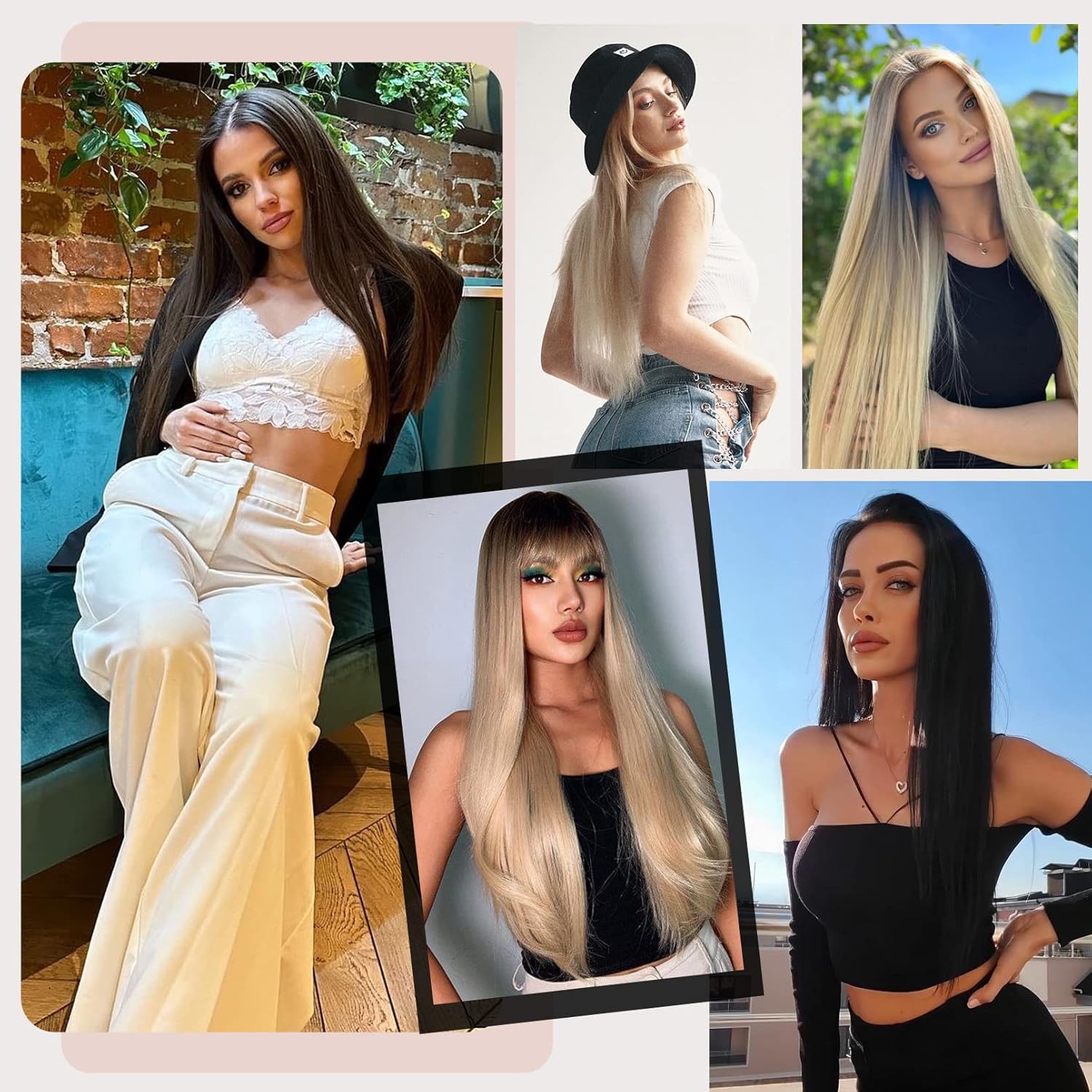 YOGFIT Extensiones de cabello sintético largo y liso con clip, de 24 pulgadas, 6 unidades, balayage, marrón ceniza con rubio blanco, extensiones