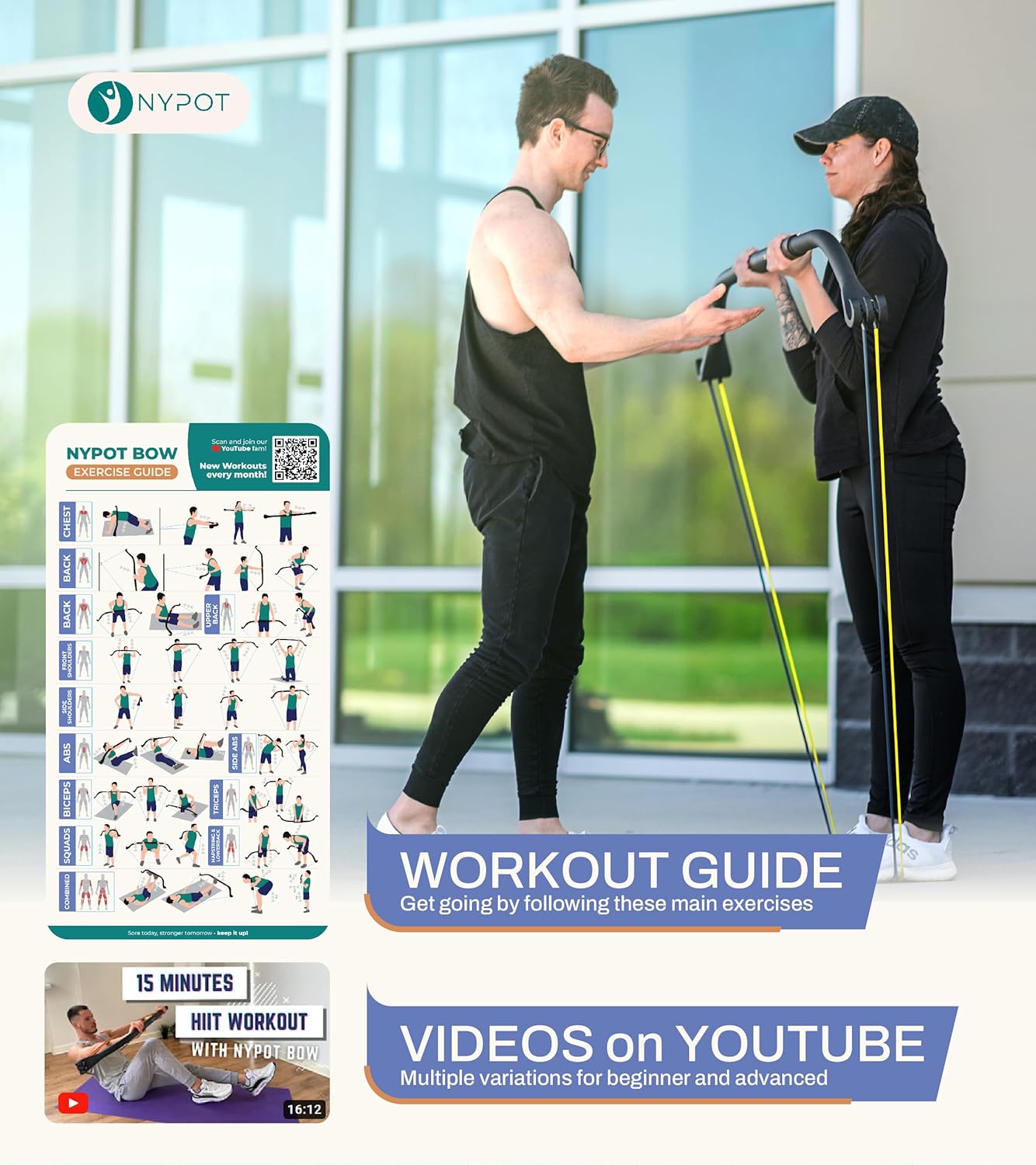 NYPOT- Workout Bow & Portable Home Gym Equipment – Resistance Bands with Bar for Home Workout Equipment Men & Women All in One Gym for Strength
