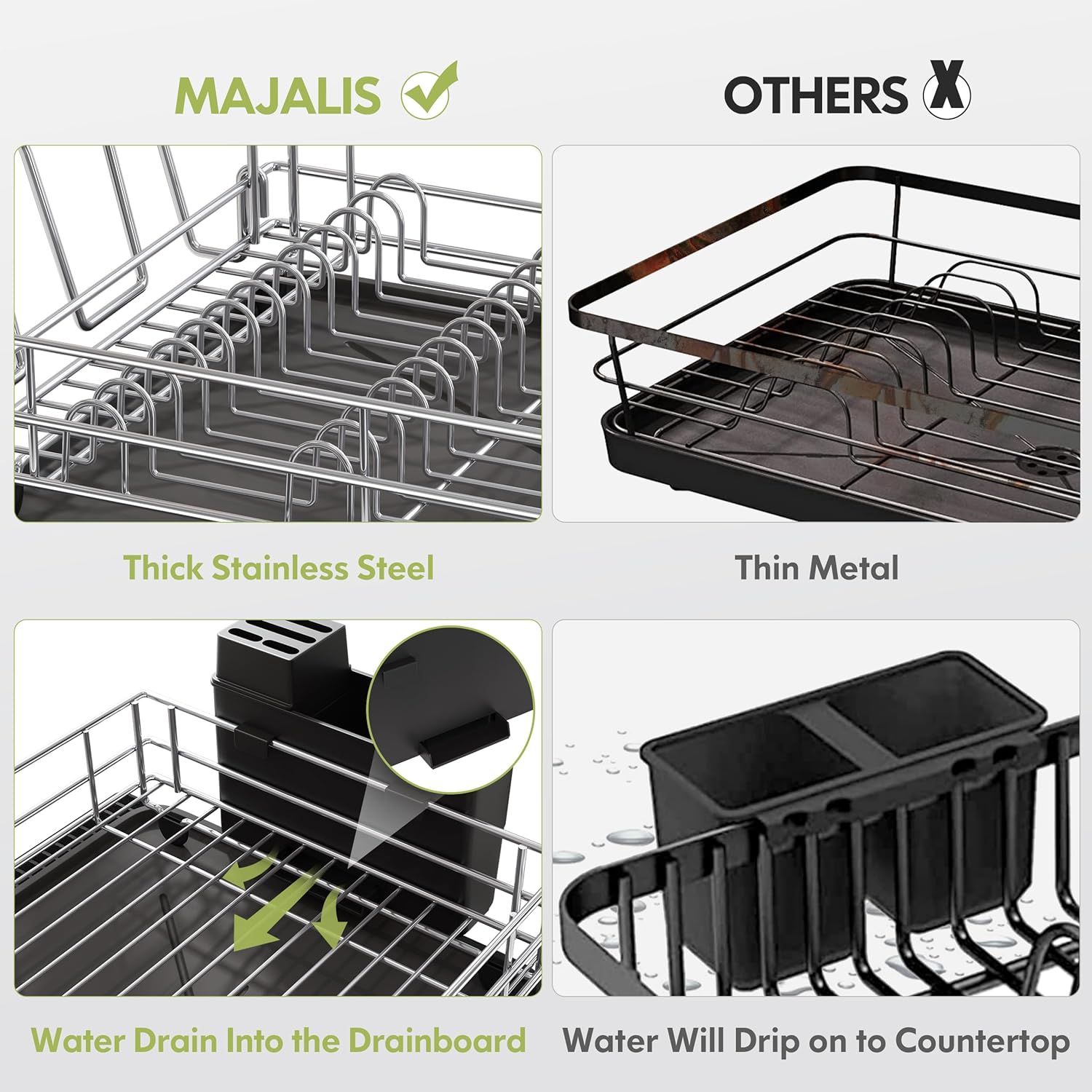 MAJALiS Escurridor de platos con juego de escurridor, escurridor grande para encimera de cocina, estante de secado a prueba de óxido con soporte