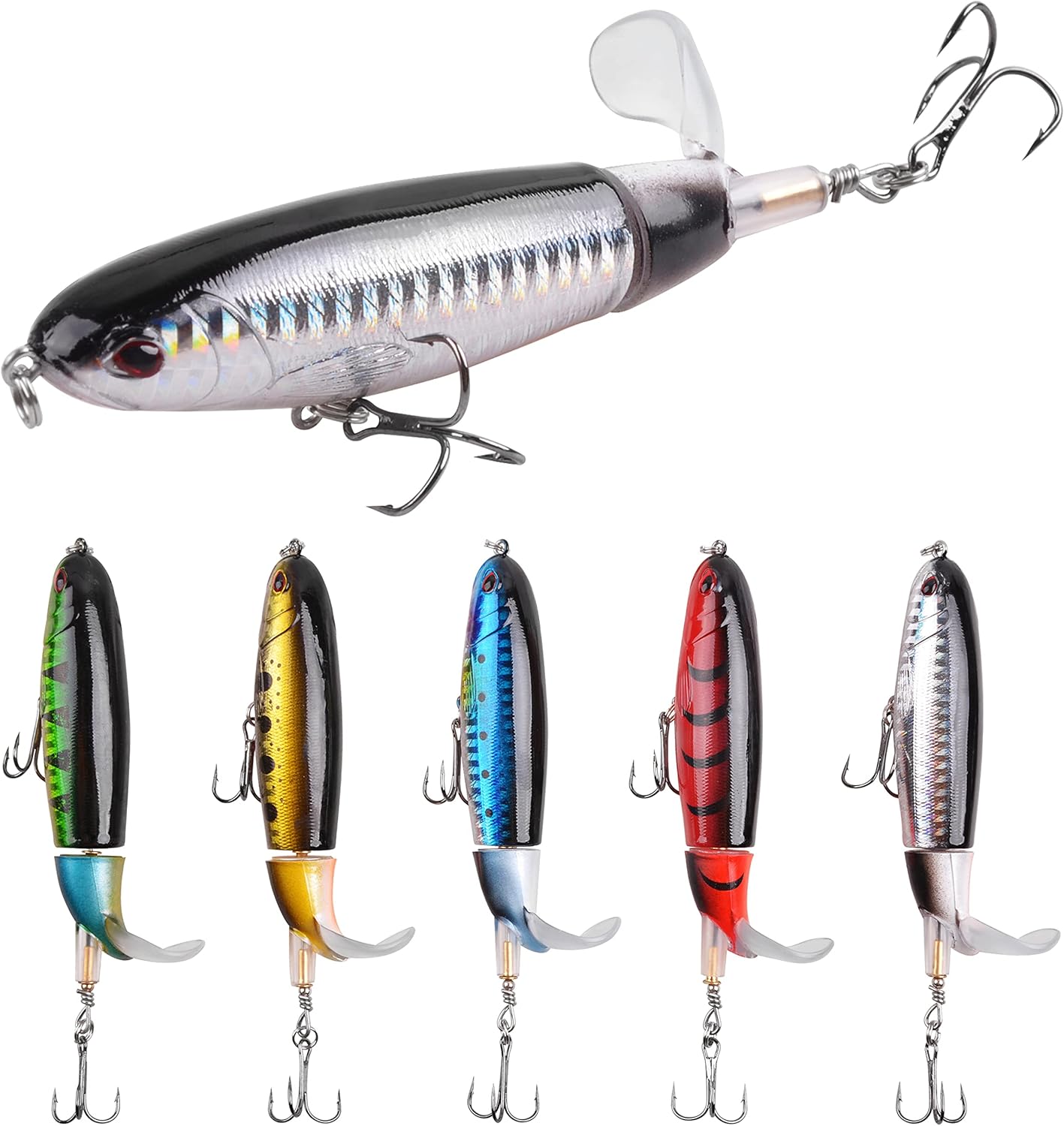 Topwater – Señuelo de pesca de lubina, 5 señuelos de pesca Plopper, minnow con cola giratoria flotante, kit de señuelos para agua dulce y salada,