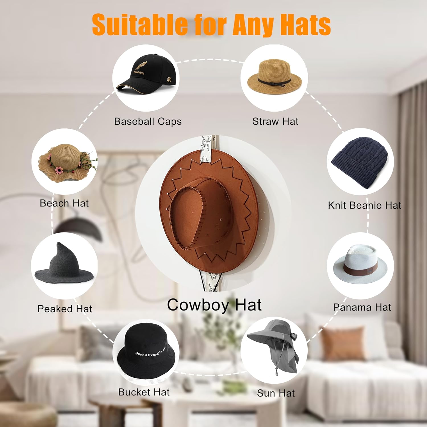 Perchas para sombreros de pared con diseño magnético para colgar en la pared, organizador de gorras para sombreros de ala ancha y varios sombreros