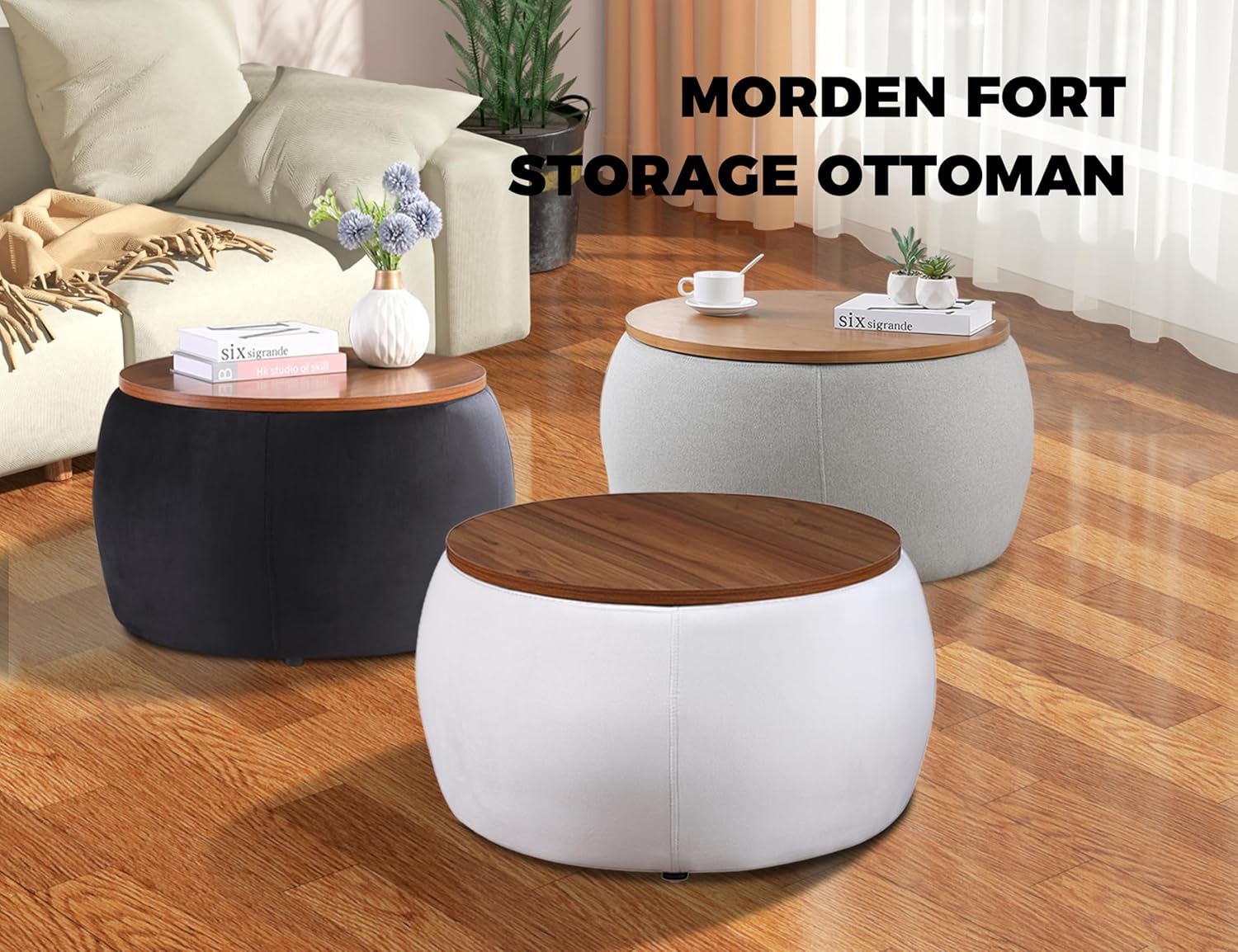 Morden Fort Otomana redonda con almacenamiento para sala de estar, mesa de centro otomana de 26 pulgadas con almacenamiento con cubierta de madera,