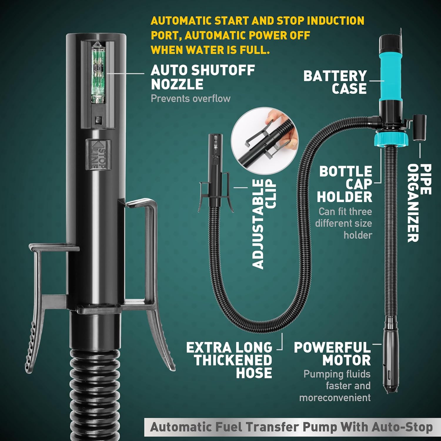 Bomba de transferencia de combustible con batería, 2.4 GPM, protección contra sobrellenado con sensor de parada automática, bomba de transferencia