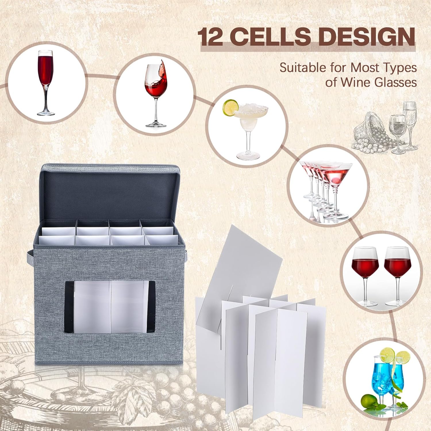 4 cajas de almacenamiento de copas de vino con divisores, 12 compartimentos, cajas de almacenamiento de vasos de China, caja de almacenamiento de