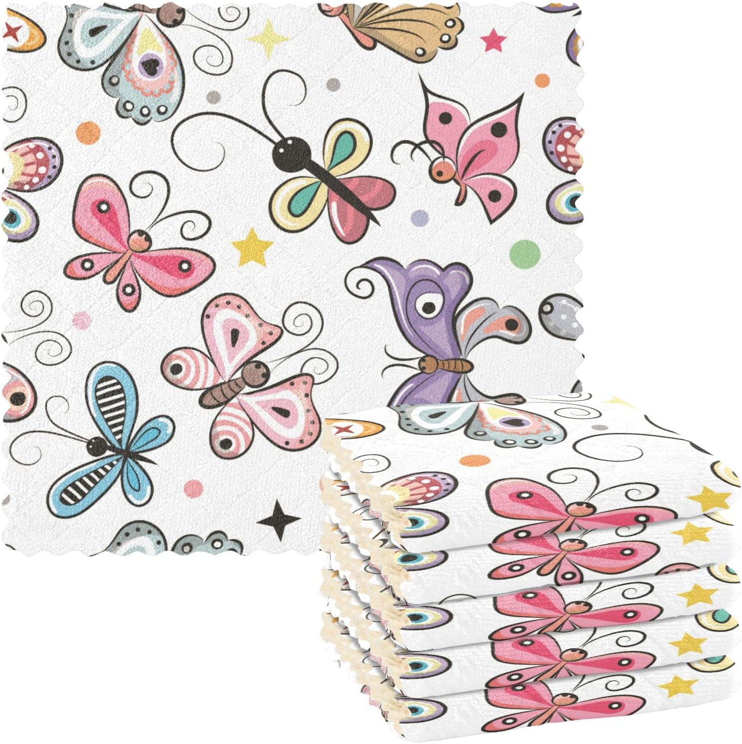 Toalla de microfibra con estampado suave de mariposas de dibujos animados para cocina, absorbente, paquete de 6 trapos para mesa de restaurante