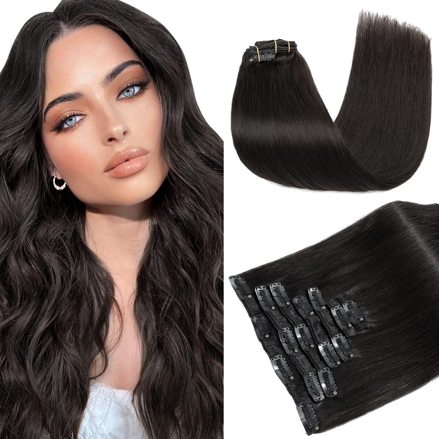 S-noilite – Extensiones de cabello humano real con clip, color negro natural #1B, doble trama, 16 pulgadas, balayage, lacio, 7 unidades, 4.23 oz