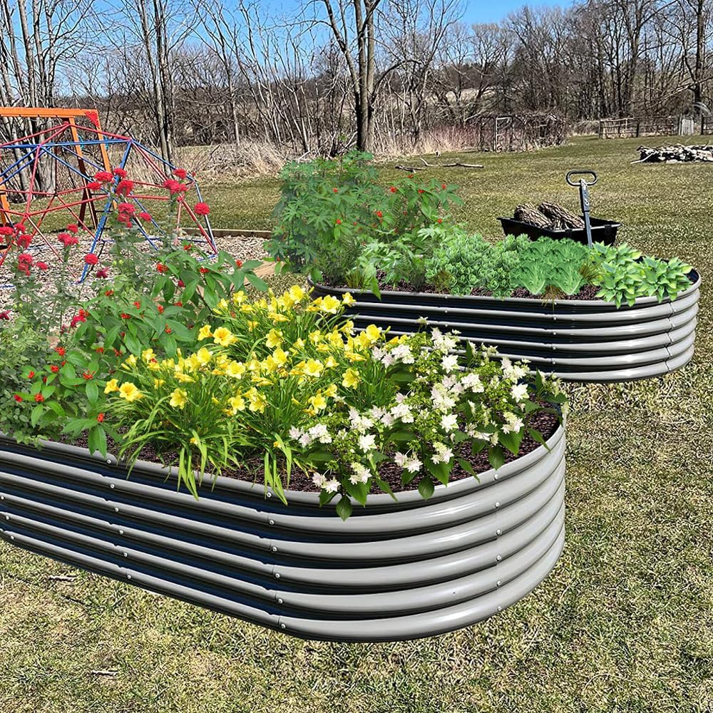 A ANLEOLIFE Jardineras elevadas galvanizadas de 8 x 4 x 1.5 pies para exteriores, maceta ovalada grande de metal para plantar verduras, flores,