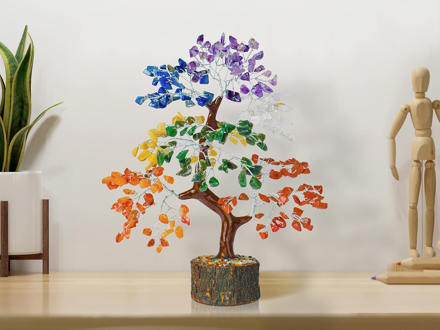 PREK Árbol de dinero bonsái con piedras preciosas naturales de 7 chakras para sanación de reiki, buena suerte, regalo de decoración de oficina en
