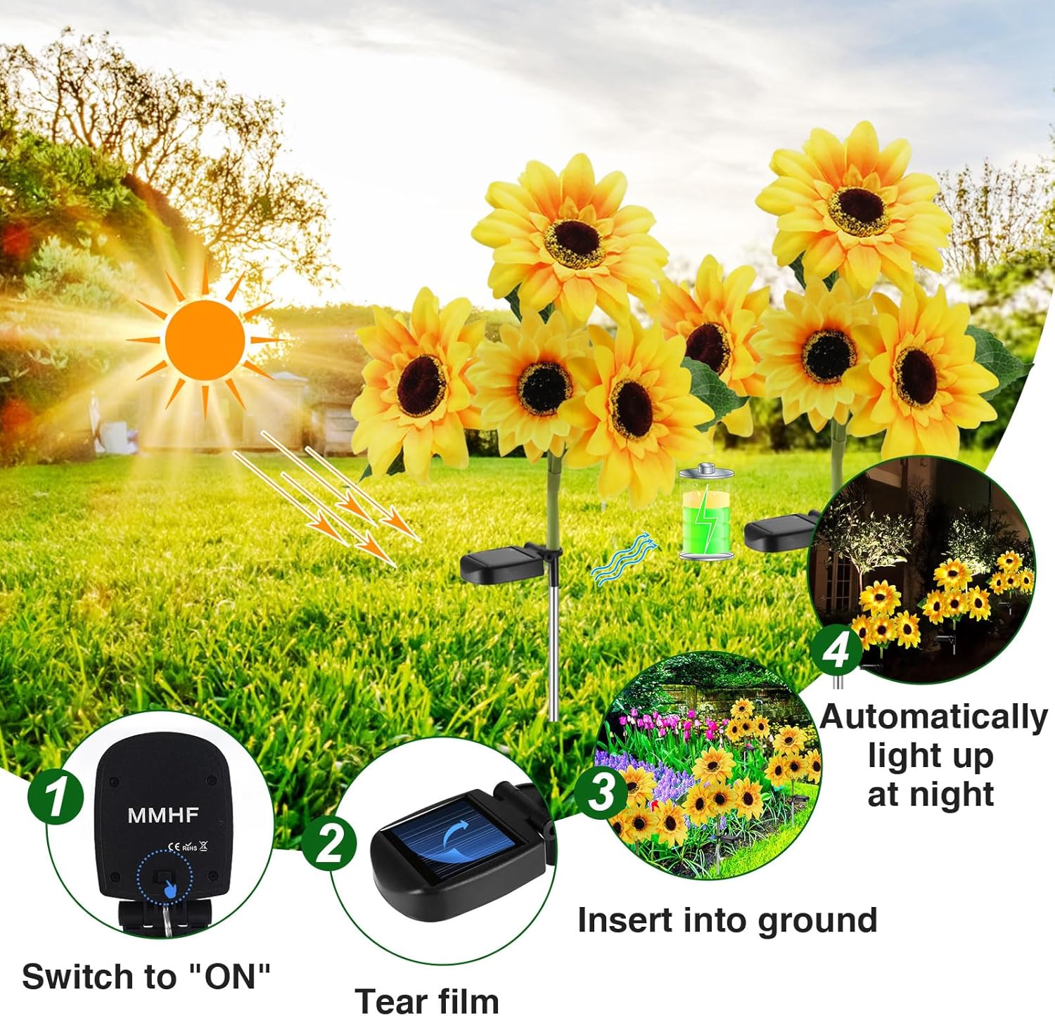 Luces solares de estaca de jardín para exteriores, paquete de 2 luces LED solares con 8 girasoles, luces decorativas solares impermeables para