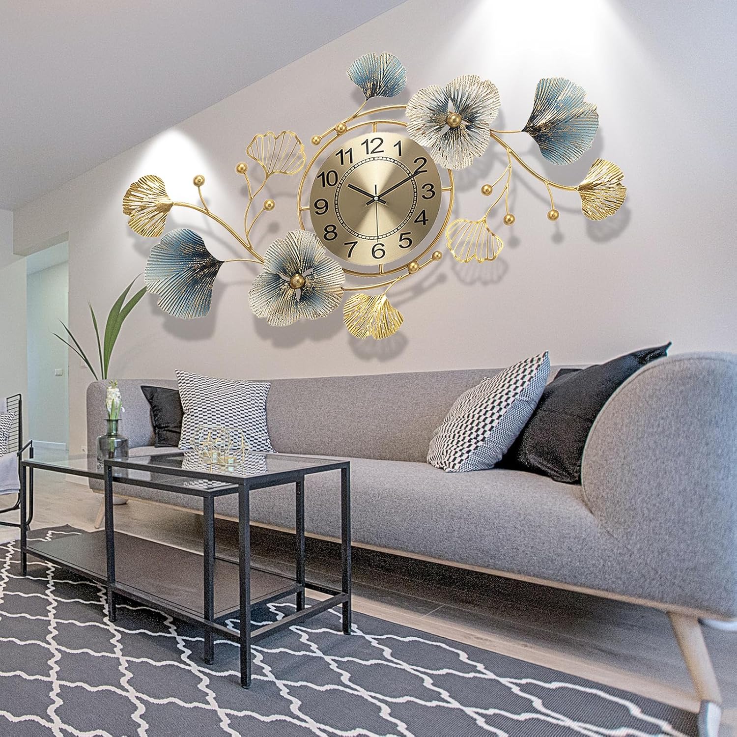 Reloj de pared grande de 33 pulgadas, silencioso, sin tictac, decorativo, de metal, hoja de ginkgo, diseño único, reloj de pared elegante para sala