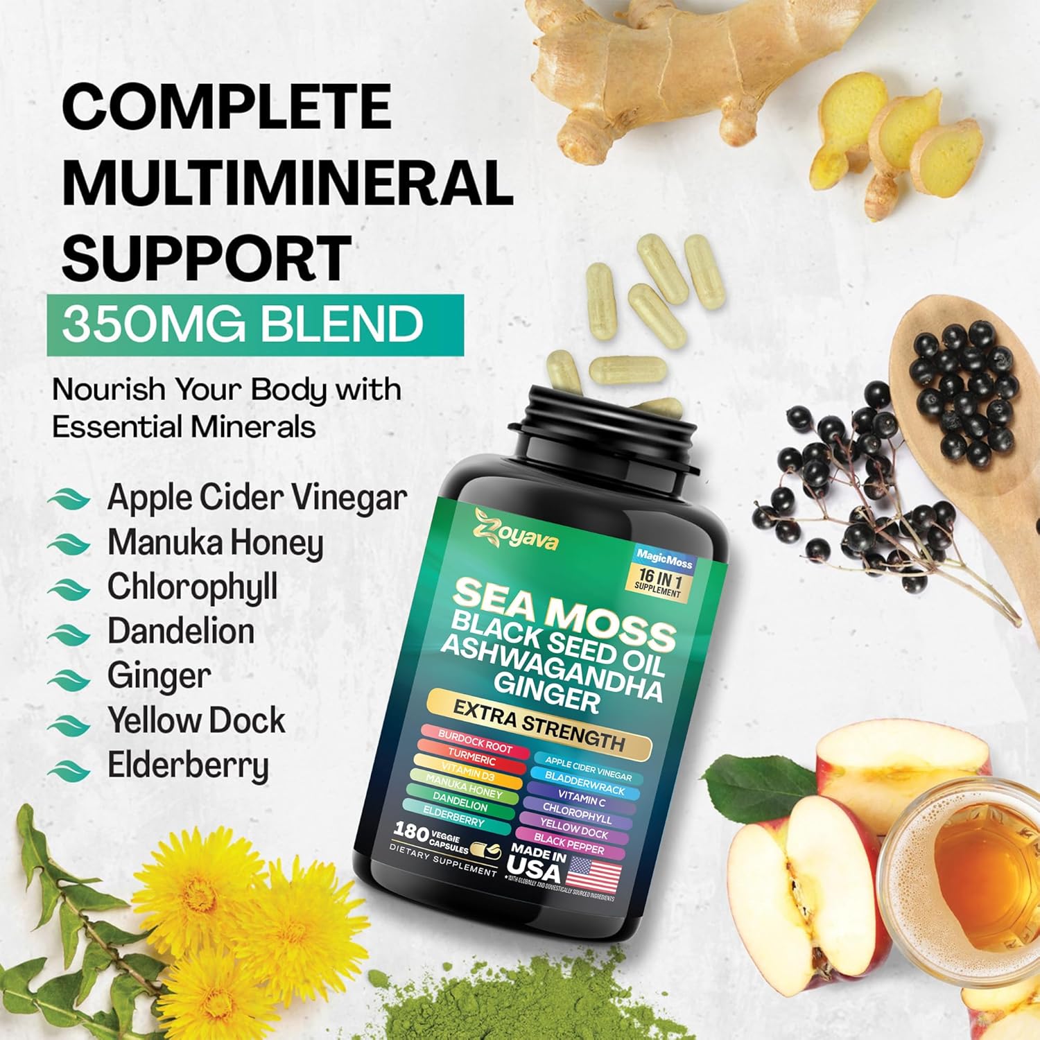 Musgo marino 7000 mg Aceite de semilla negra 4000 mg Ashwagandha 2000 mg Cúrcuma 2000 mg Bladderwrack 2000 mg Bardana 2000 mg y jengibre Vitamina C