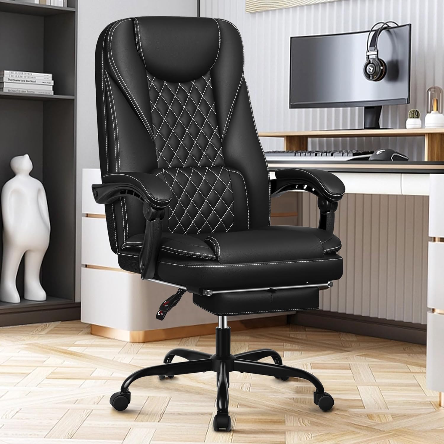 Silla de oficina ejecutiva, silla de oficina reclinable de cuero grande y alta con reposapiés, respaldo alto, silla de escritorio de oficina en
