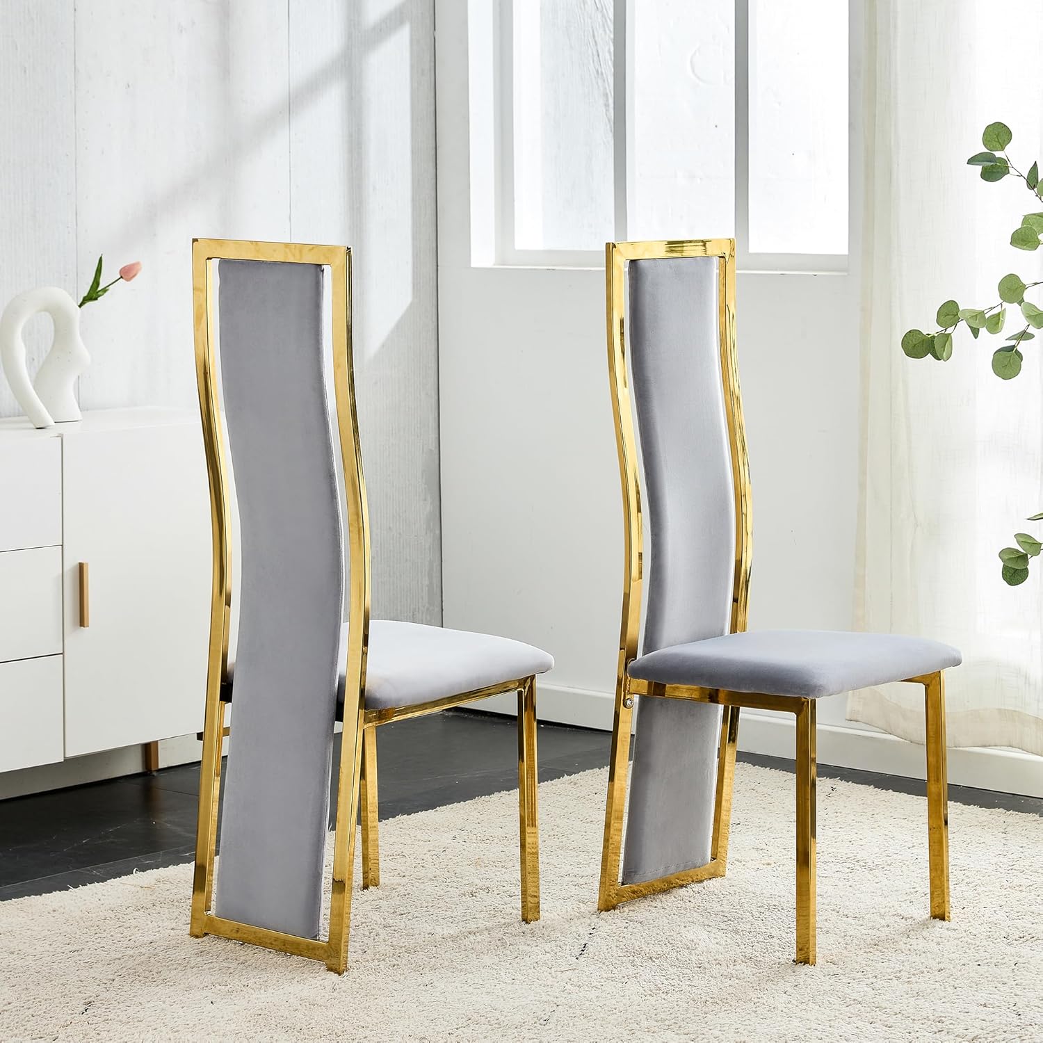 ME2 Juego de 2 sillas de comedor, elegantes patas de acero inoxidable doradas, sillas de comedor tapizadas de terciopelo para cocina y comedor (gris)
