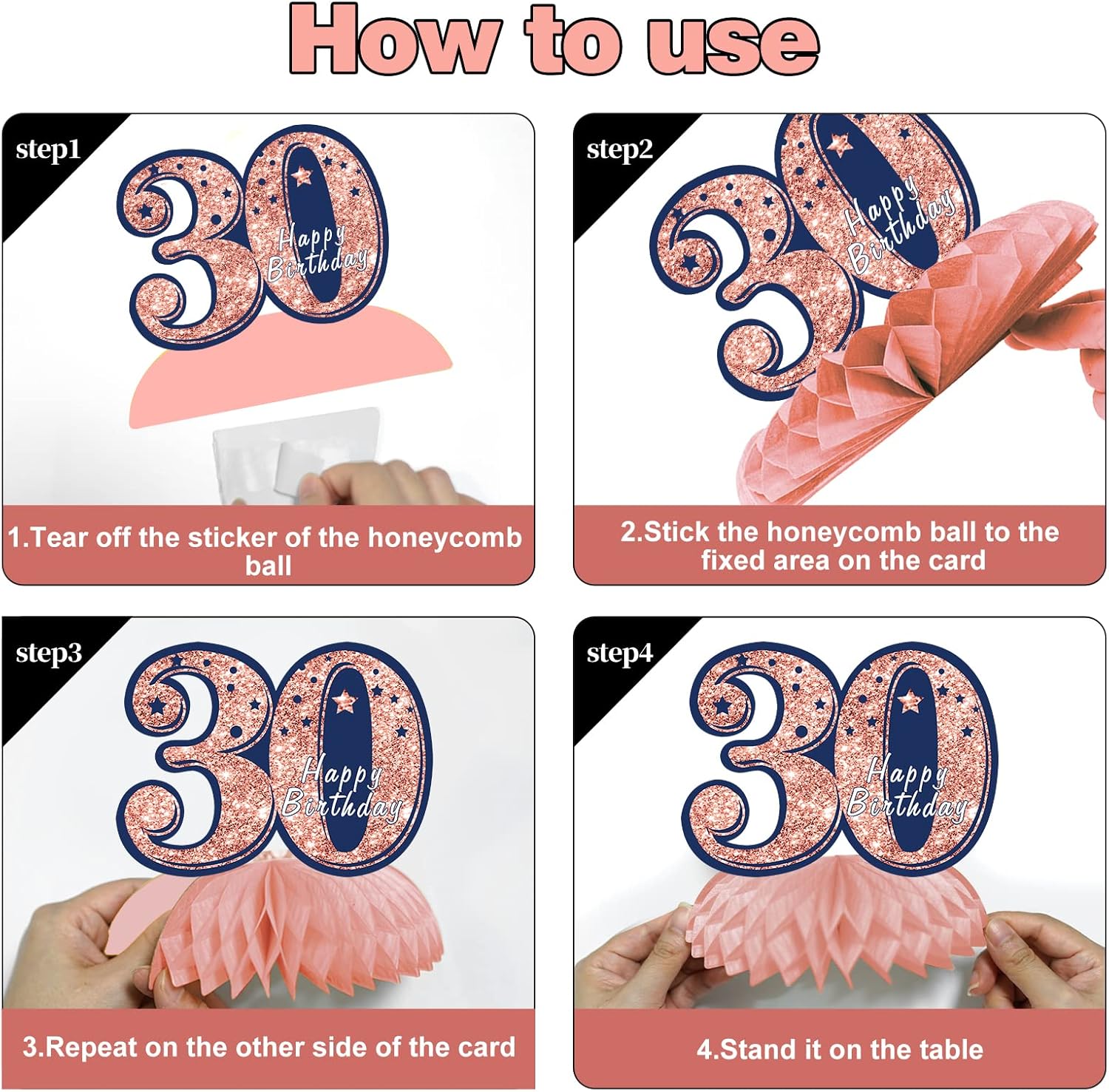 Turypaty Decoraciones de 30 cumpleaños color oro rosa, azul marino, centros de mesa de panal de abeja, 8 piezas de centros de mesa de cumpleaños de