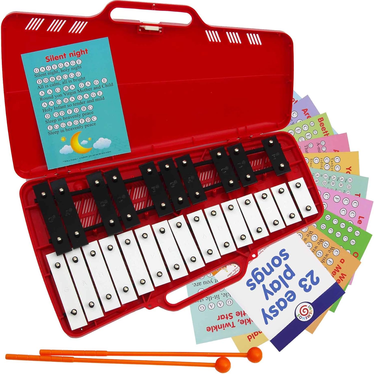 Xylophone 25 Note Chromatic Glockenspiel en una caja de plástico roja – Juegos de tarjetas con 23 canciones codificadas por letras