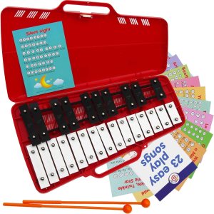 Xylophone 25 Note Chromatic Glockenspiel en una caja de plástico roja – Juegos de tarjetas con 23 canciones codificadas por letras Xylophone 25 Note Chromatic Glockenspiel en una caja de plástico roja – Juegos de tarjetas con 23 canciones codificadas por letras