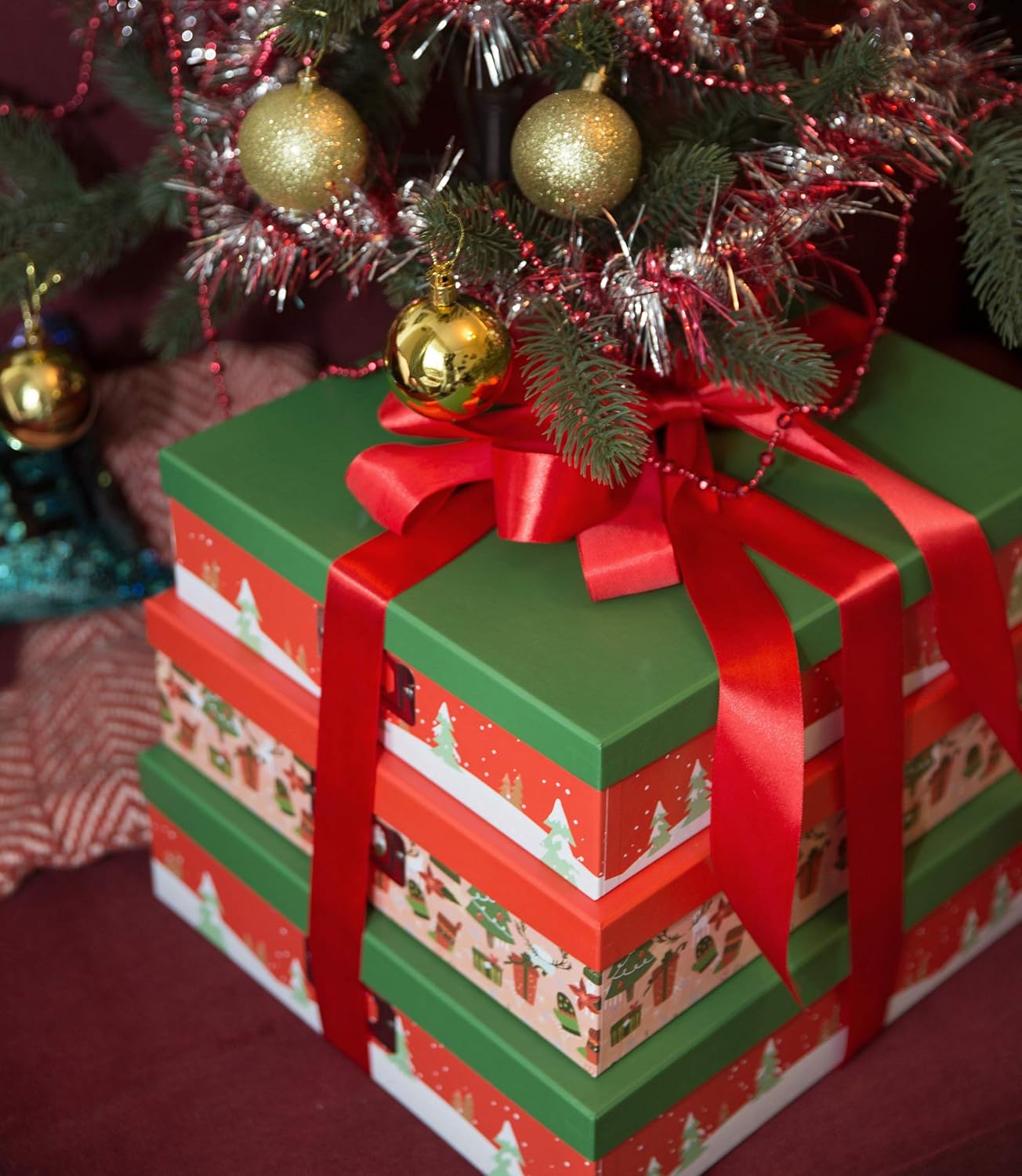 Soul & Lane Cajas de almacenamiento de cartón decorativas de Navidad (juego de 3) cajas de almacenamiento de fotos anidables con tapas, pequeñas