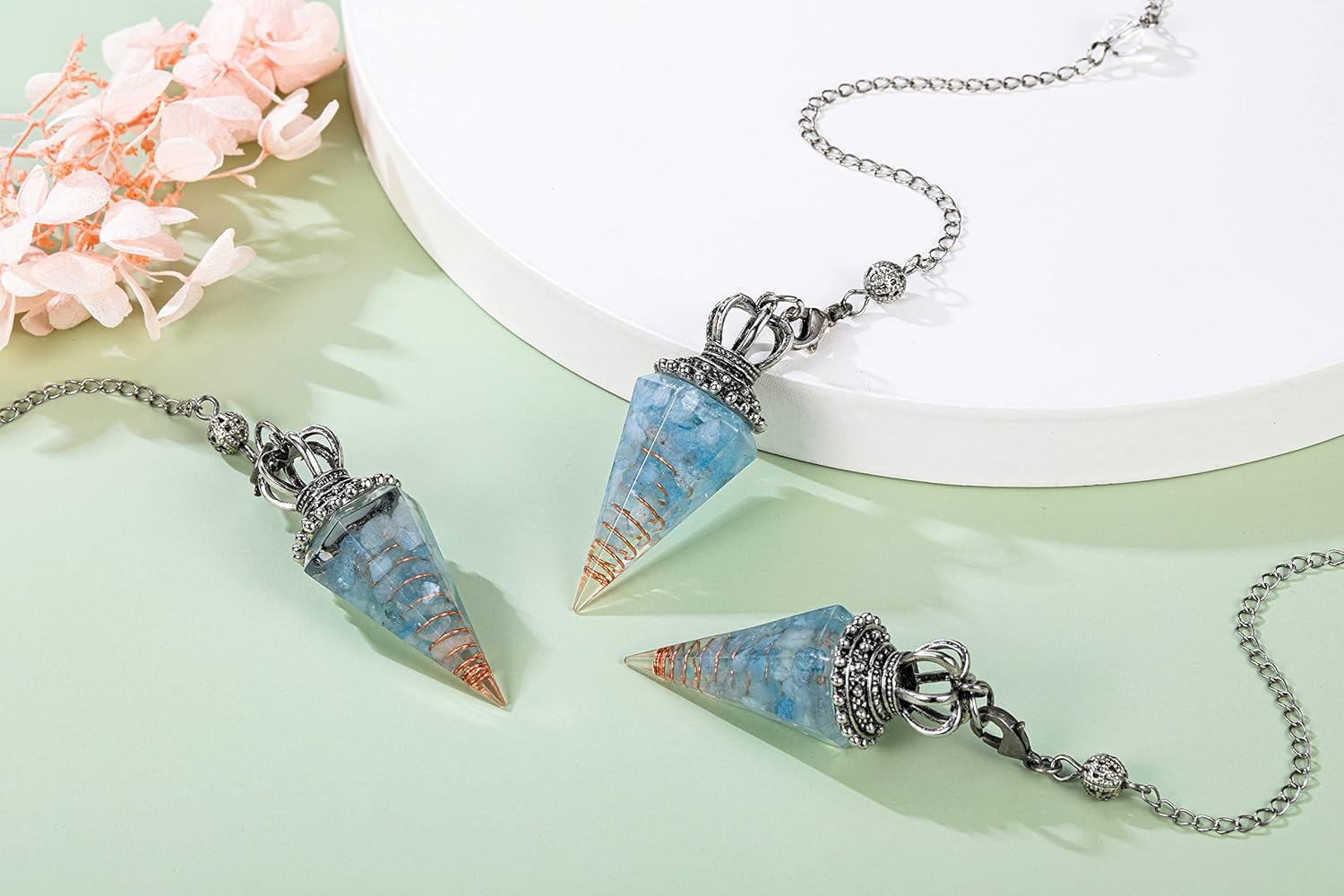 Top Plaza Cristal de péndulo de aguamarina para bruja con piedras preciosas de radiestesia, péndulo de equilibrio de reiki, espiritual de 6 facetas,