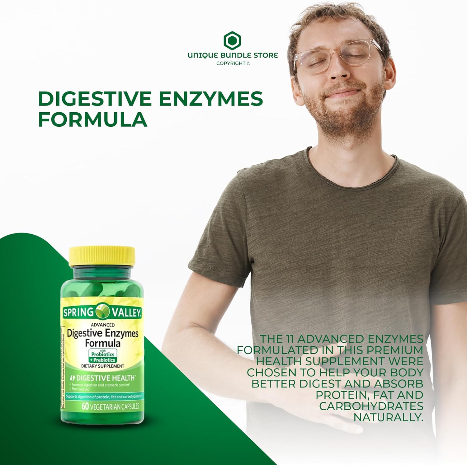 Spring Valley – Enzimas digestivas avanzadas con probióticos y prebióticos, 60 cápsulas + organizador de píldoras de 7 días incluido (paquete de 1)