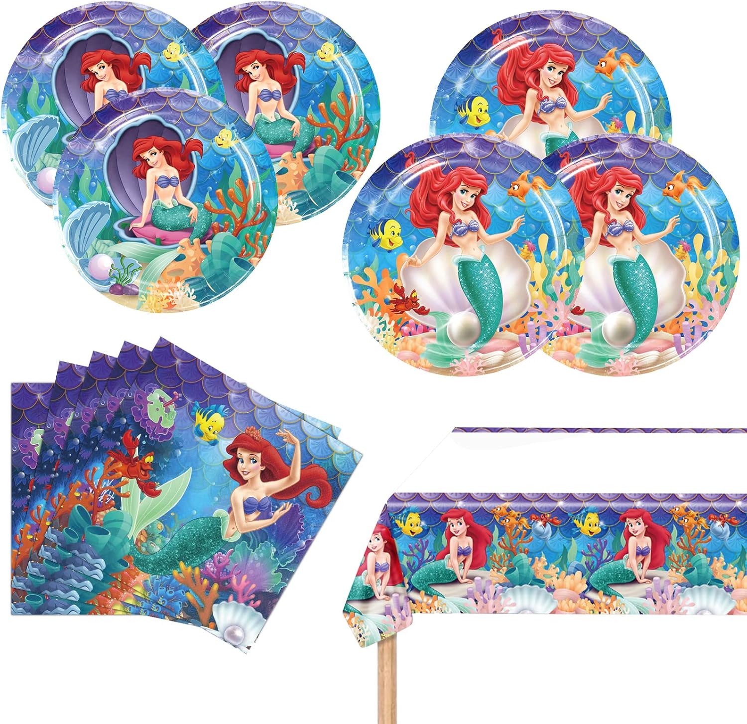 Ariel – Suministros para fiesta de cumpleaños, 20 platos, 20 servilletas y 1 mantel para decoración de fiesta de sirenita para niñas