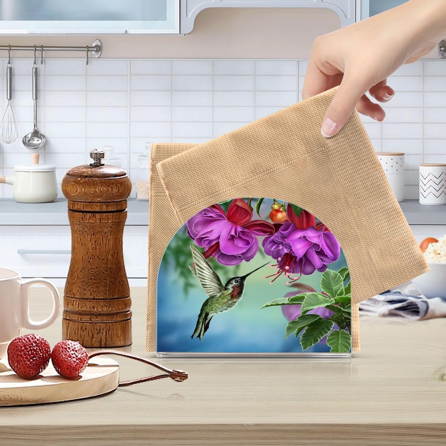 Servilleteros de acrílico transparente para mesas de colibríes, dispensador de servilletas de pie para cocina, mesa de comedor, dispensador de papel