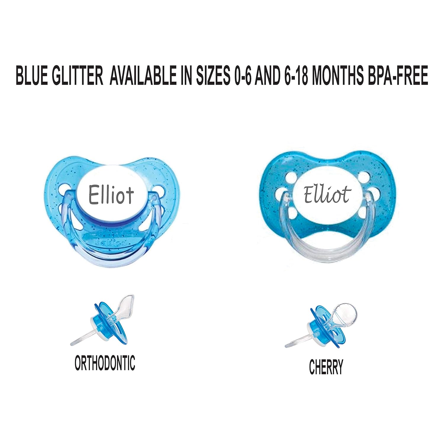 Chupete personalizado con nombre, paquete de 2 unidades con purpurina azul y blanco, (disponible de 0 a 6 meses y 6 a 18 meses), chupete grabado,