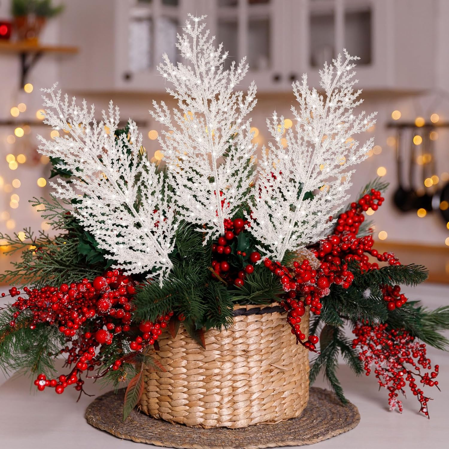 Giegxin 48 agujas de pino artificial con purpurina para boda, ramas de pino, ramas para árbol de boda, tallo brillante para Navidad, corona de