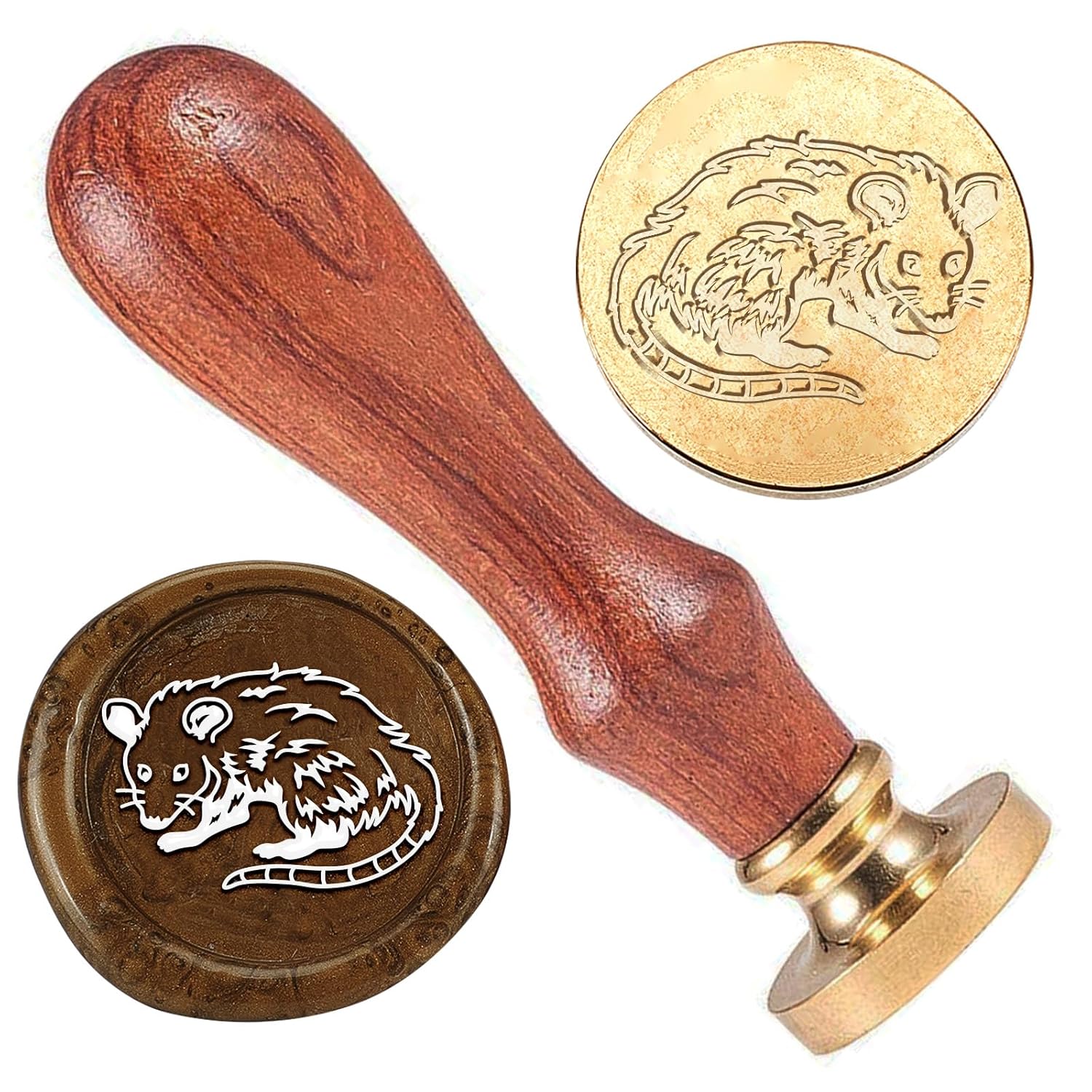 Sello de sellado de cera de zarigüeya, sello de cera de cabeza de latón de ratón de 1 pulgada, cabeza de sello de cera extraíble con mango de madera