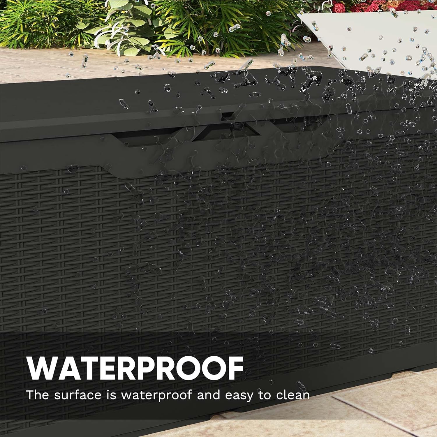 Patiowell Caja de cubierta de resina de 100 galones, caja de almacenamiento grande impermeable para exteriores con candado para muebles de patio,